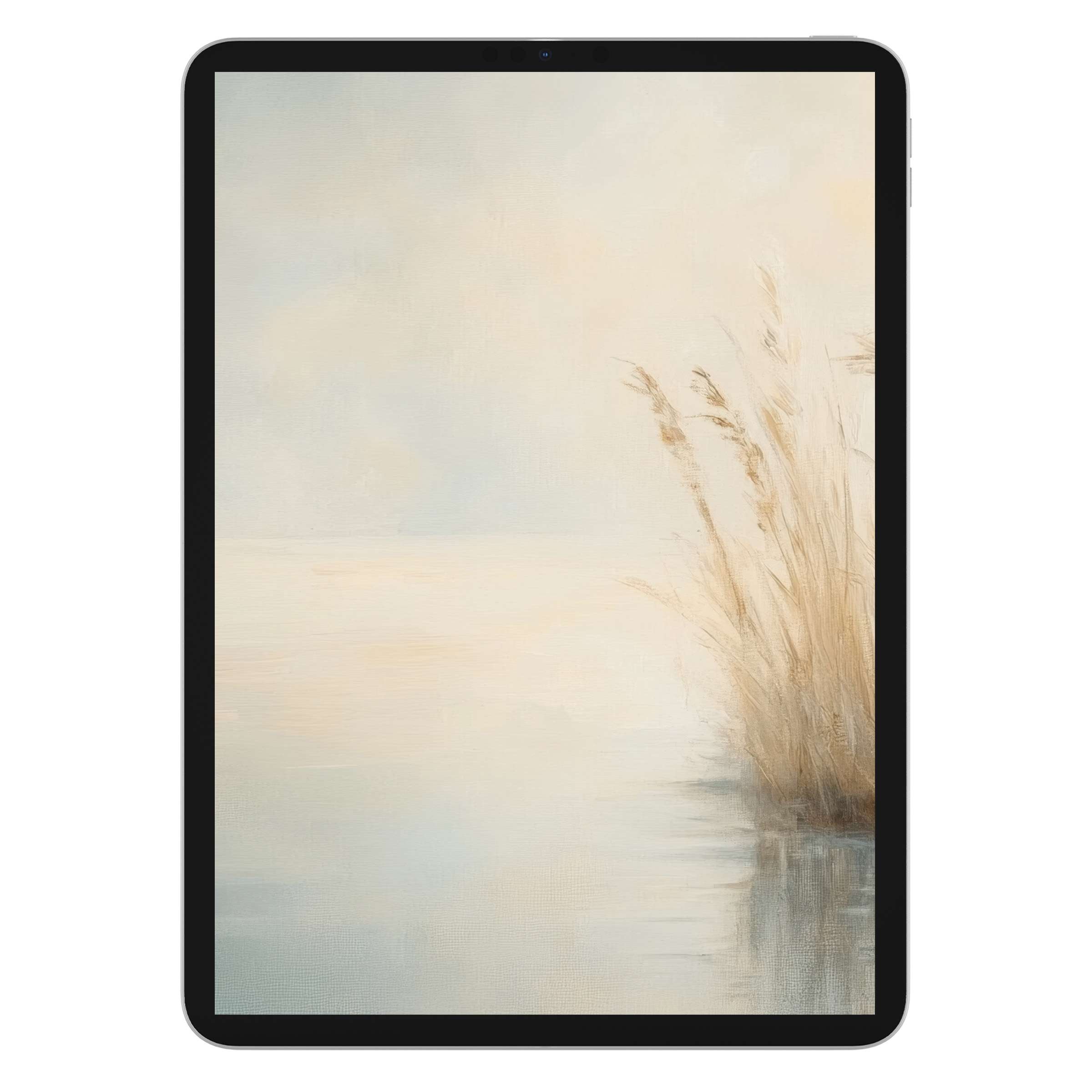 Serene vintage iPad wallpaper with soft beige reeds on a tranquil water background ideal for digital download on tablets