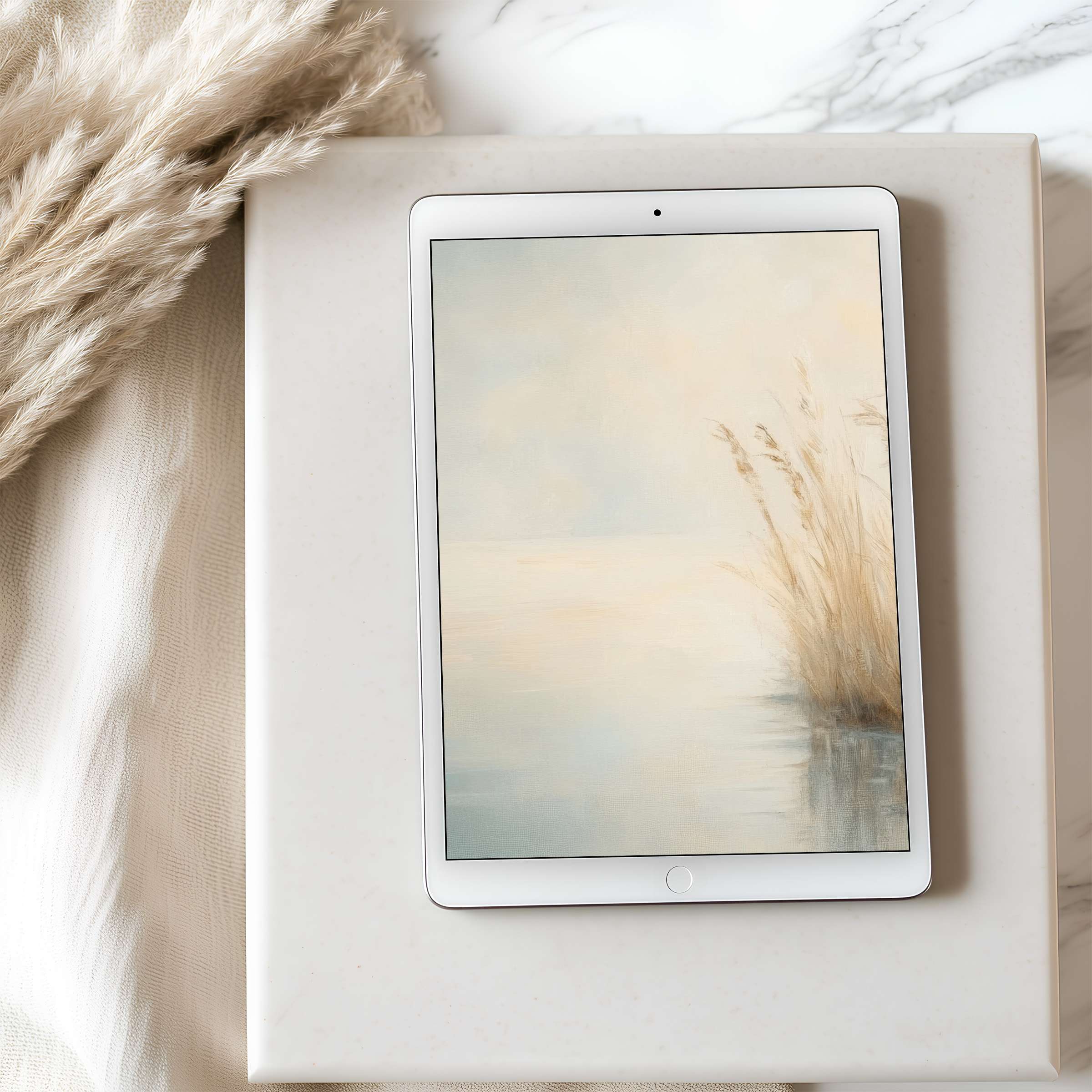 Elegant tablet wallpaper featuring serene pastel reeds by a tranquil lake, perfect for iPad high resolution, digital download