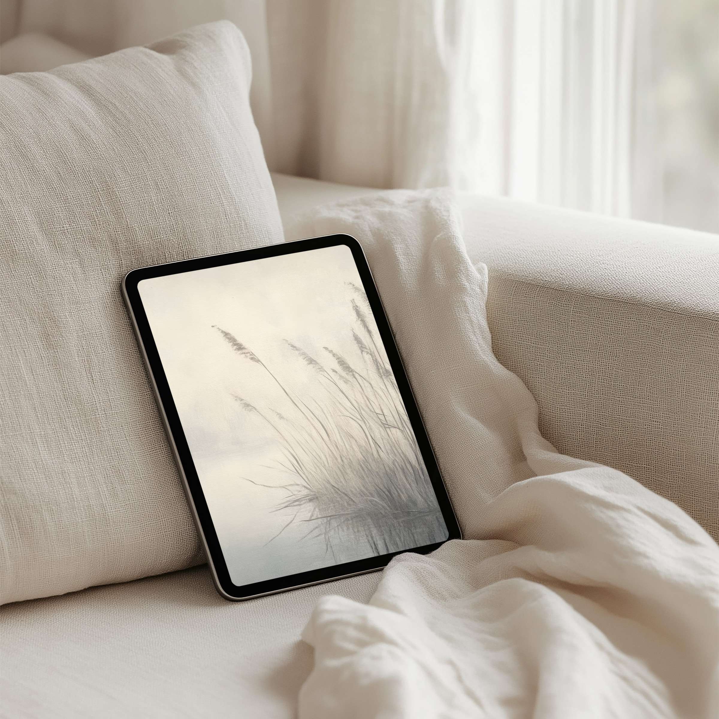 Elegant beige iPad background with tranquil reeds for instant download on any tablet inspiring mindfulness and serenity