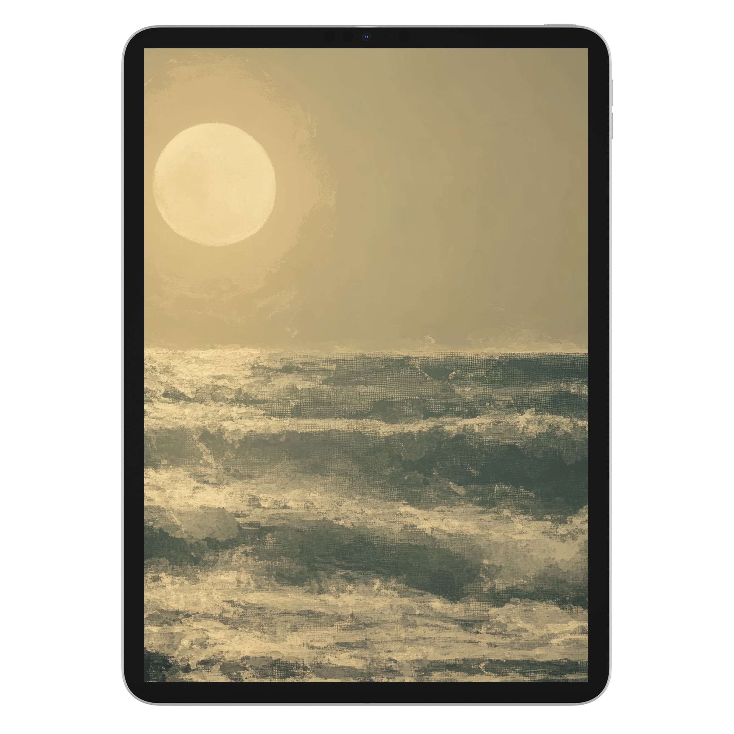 Vintage iPad wallpaper featuring a serene seascape with a glowing sun, perfect digital download for elegant tablet background ambiance