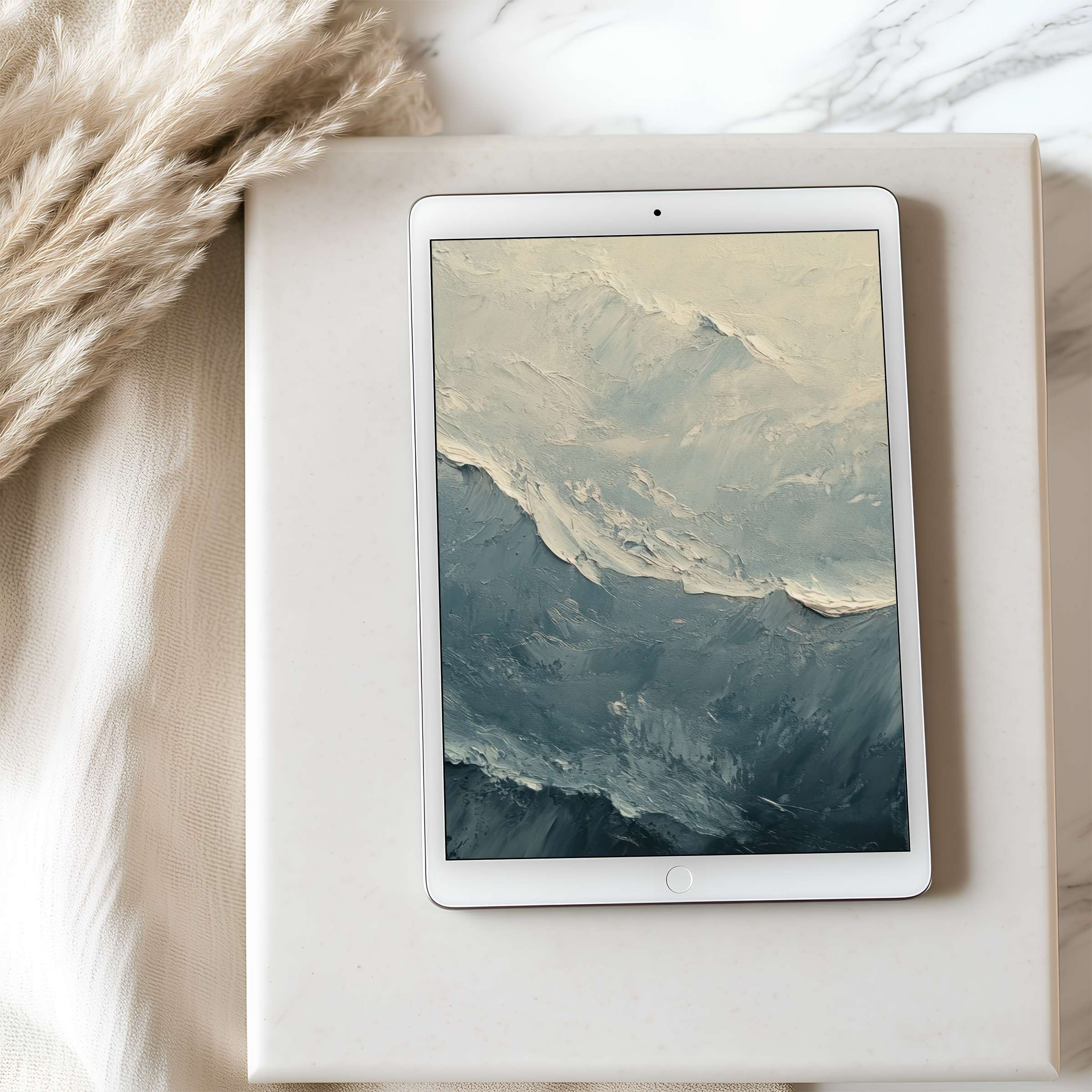 Elegant abstract ocean-themed tablet wallpaper in calming blue and cream tones, perfect for iPad and Android, high resolution download