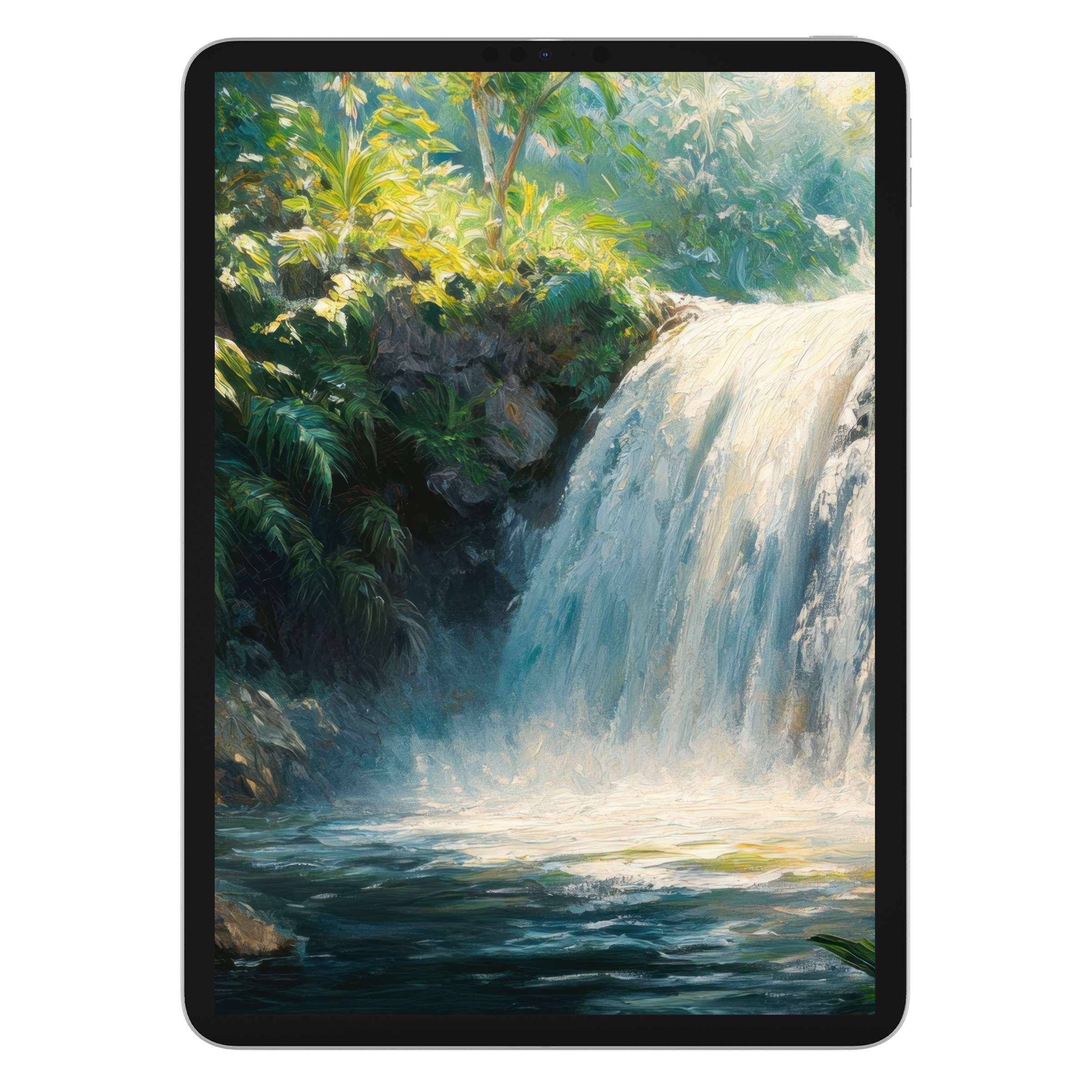 Vintage iPad wallpaper featuring a serene waterfall lush greens impressionist style ideal digital download for tablet background use