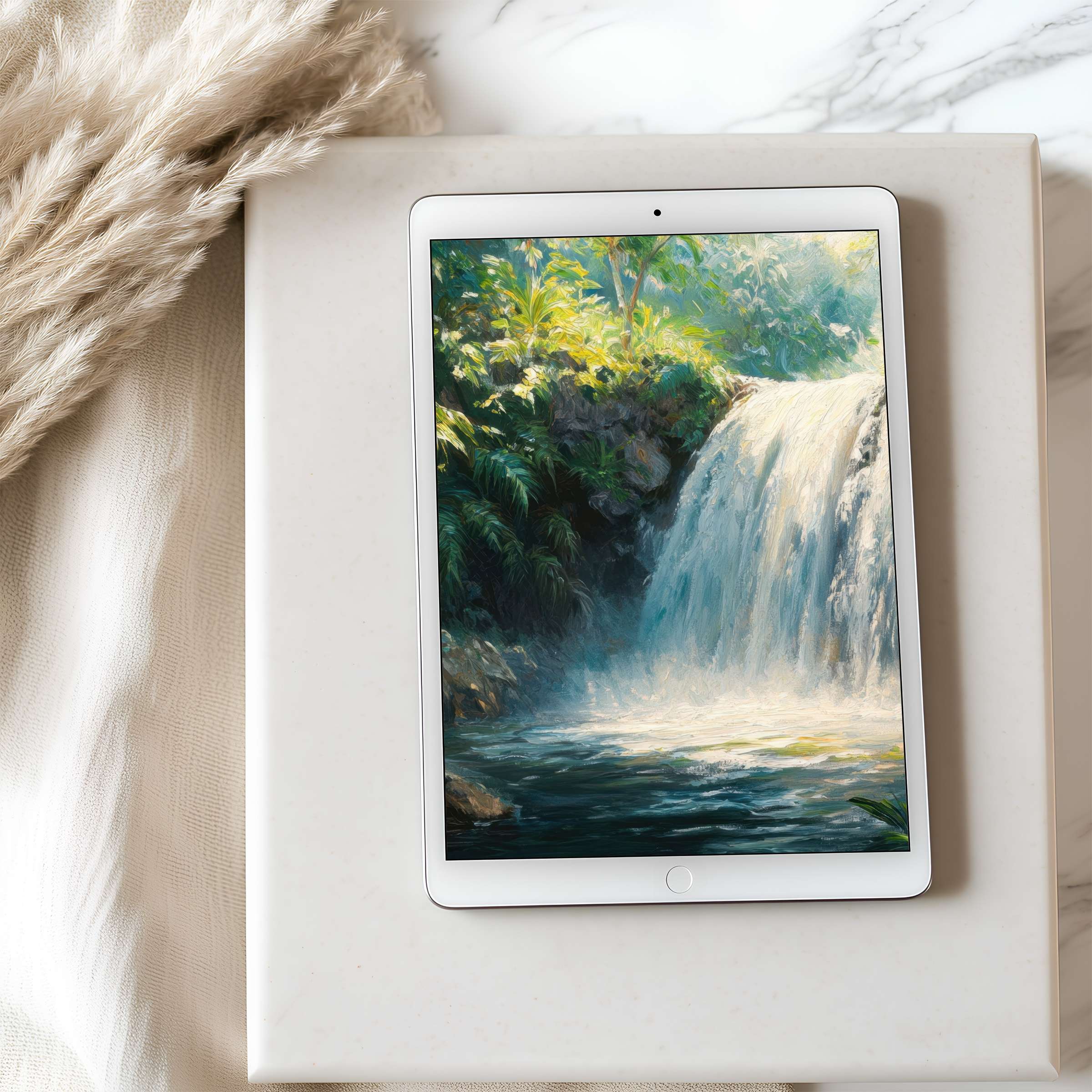 Elegant tablet wallpaper featuring a serene waterfall amidst lush greenery, perfect for high-resolution iPads and sustainable digital download