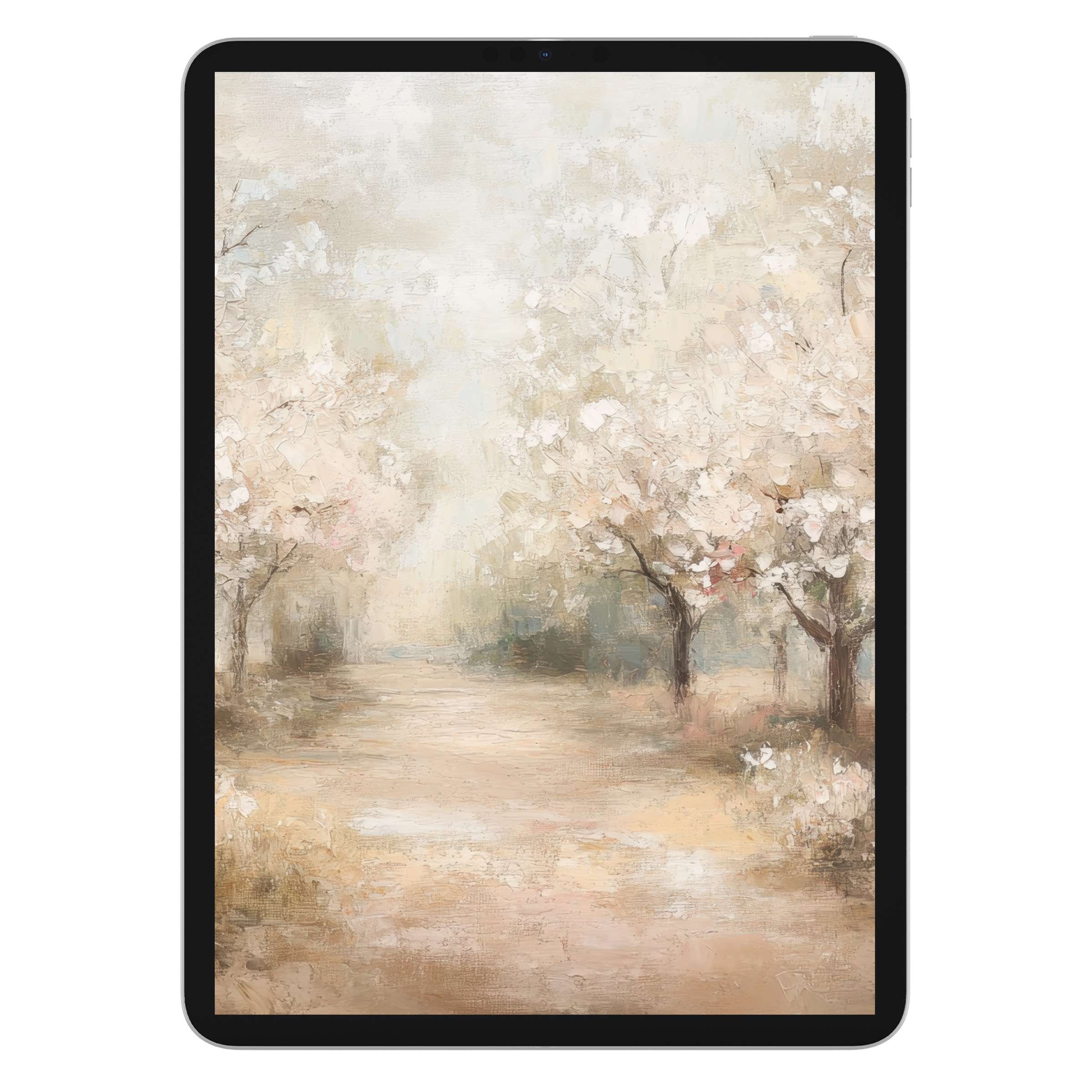 Vintage iPad wallpaper with serene pastel trees, perfect digital download for elegant tablet backgrounds, enhances calm aesthetics