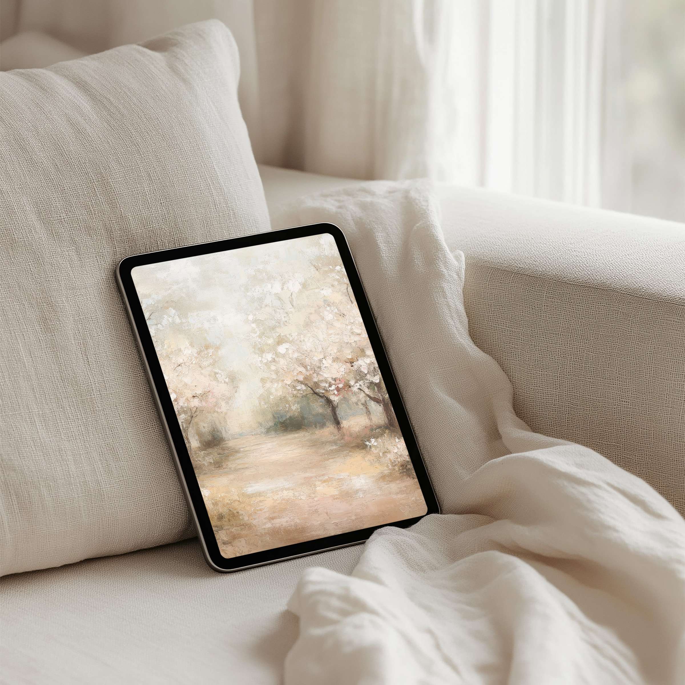 Elegant iPad background featuring pastel landscape art offers instant download for a soothing tablet experience inspiring calm and mindfulness