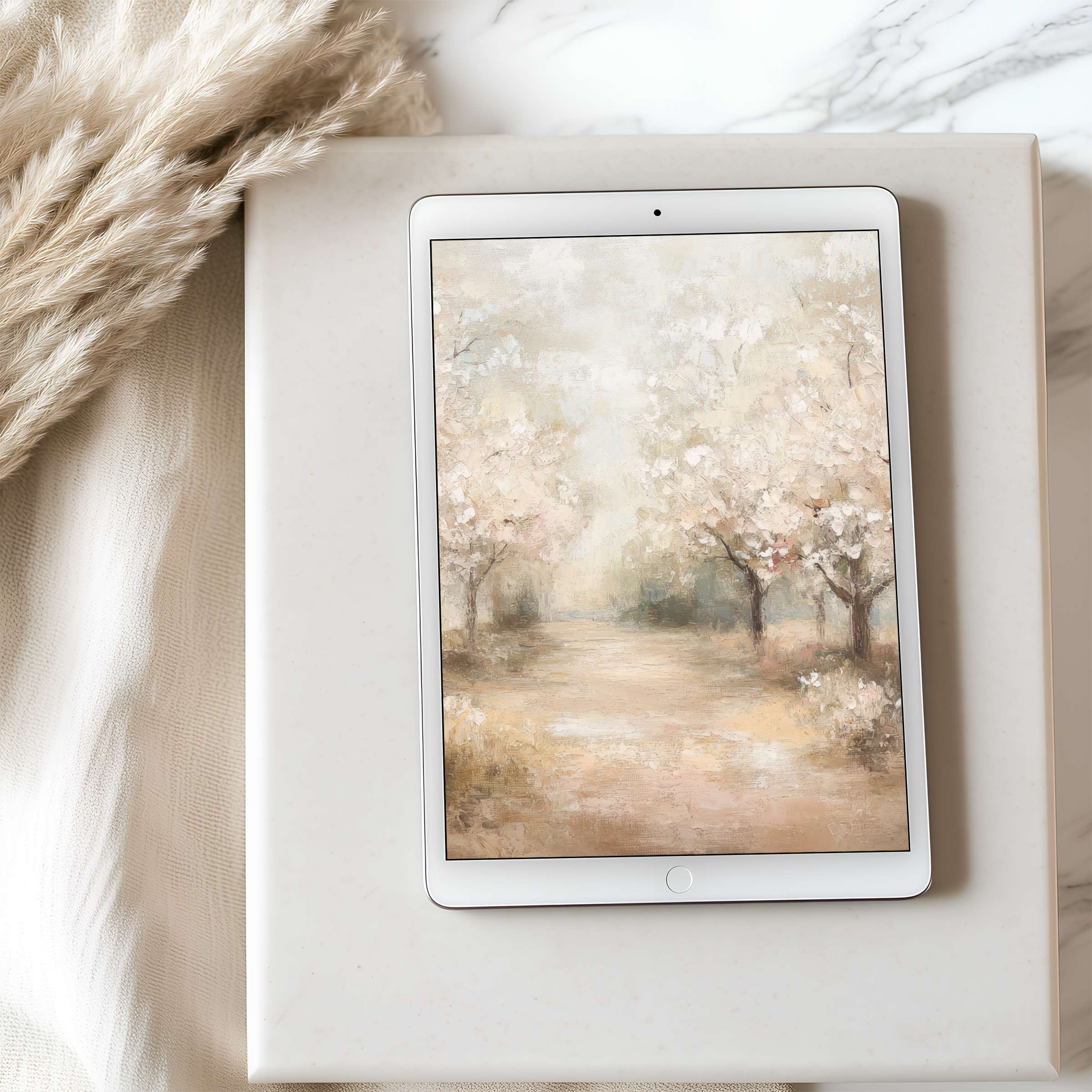Elegant tablet wallpaper featuring serene, muted landscape art, perfect for iPad or Android download, enhancing digital tranquility