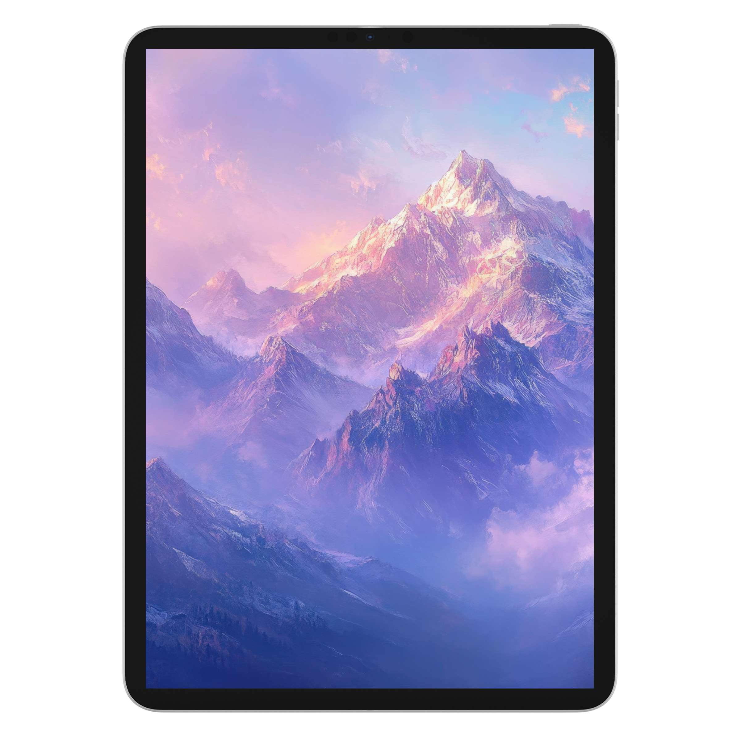 Vintage iPad wallpaper with serene pastel mountain scene for tablet background digital download, ideal for a calming aesthetic