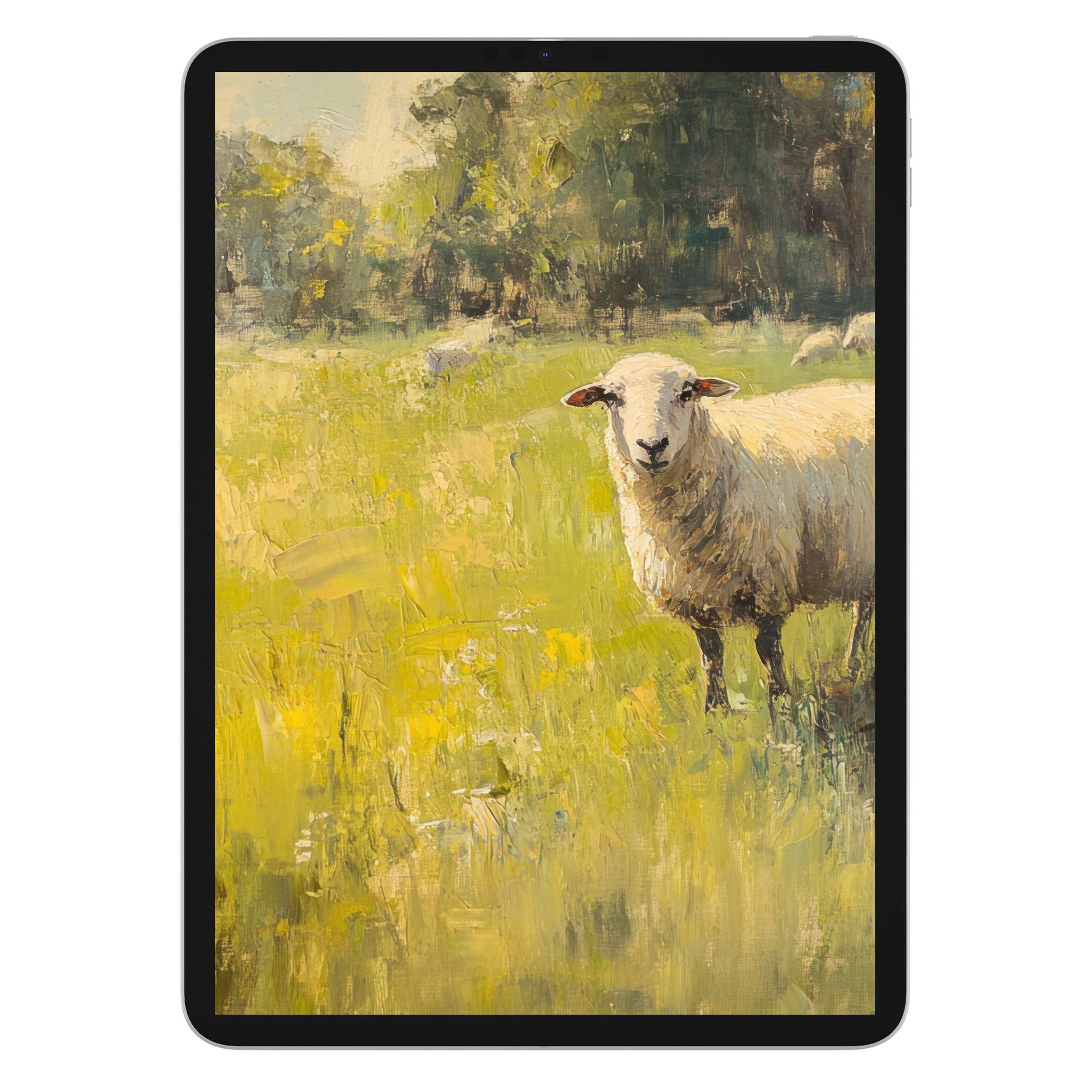 Charming vintage iPad wallpaper featuring a serene sheep painting in lush greens for tablet background digital download elegance