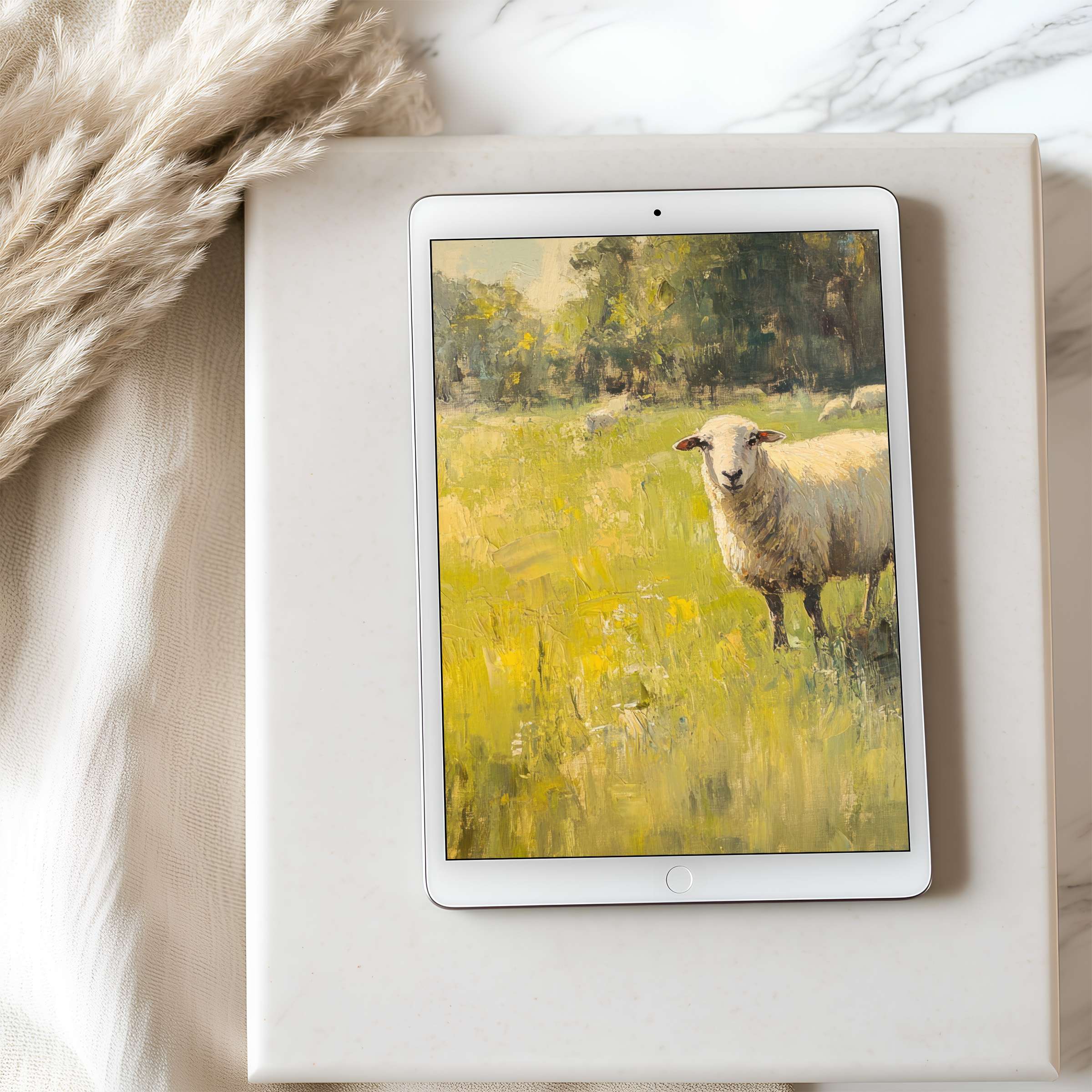Elegant pastoral painting on tablet wallpaper showcasing serene landscape with sheep, ideal for iPad, high resolution download