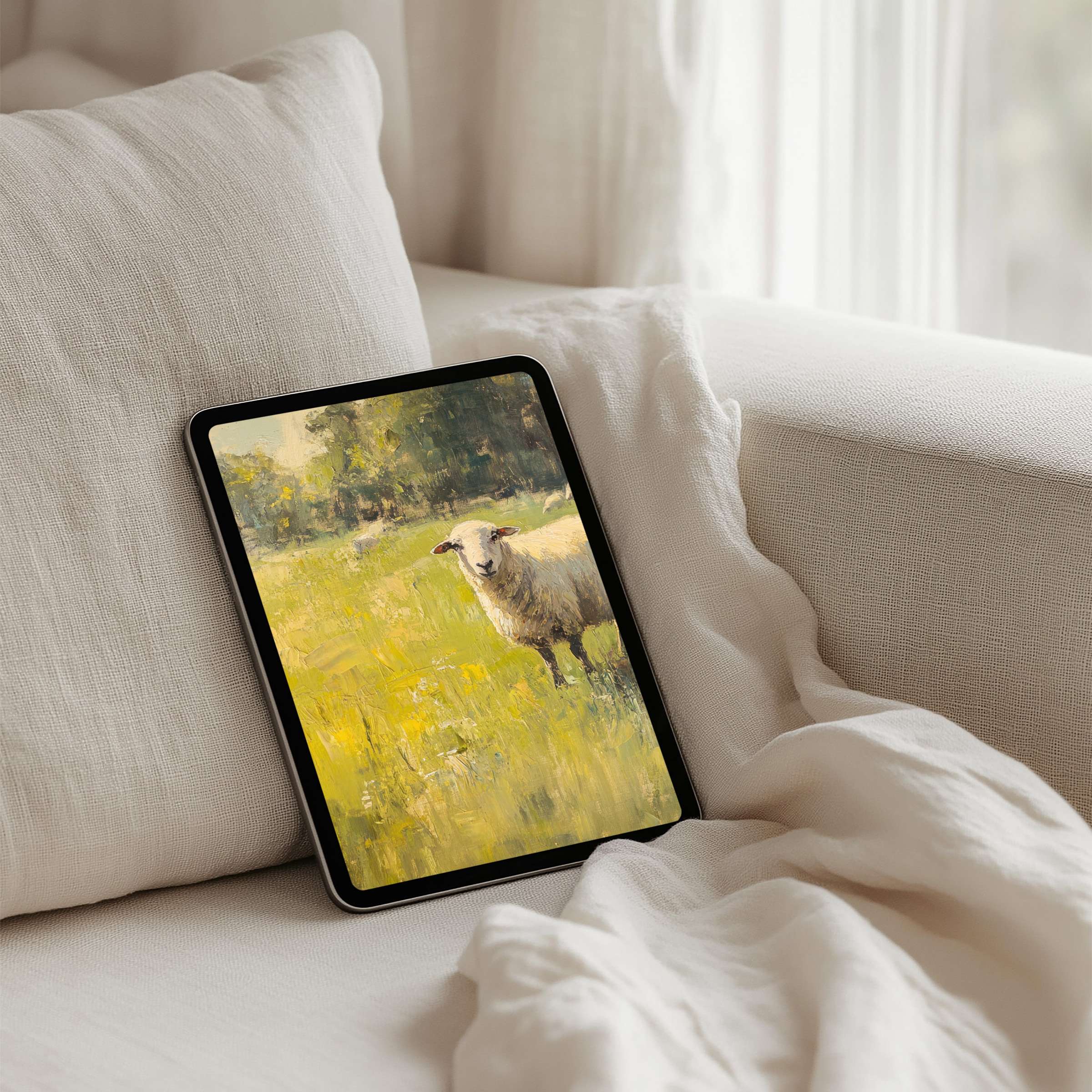 Elegant pastoral iPad background featuring a serene sheep painting in soft hues perfect for tablet instant download to inspire tranquility
