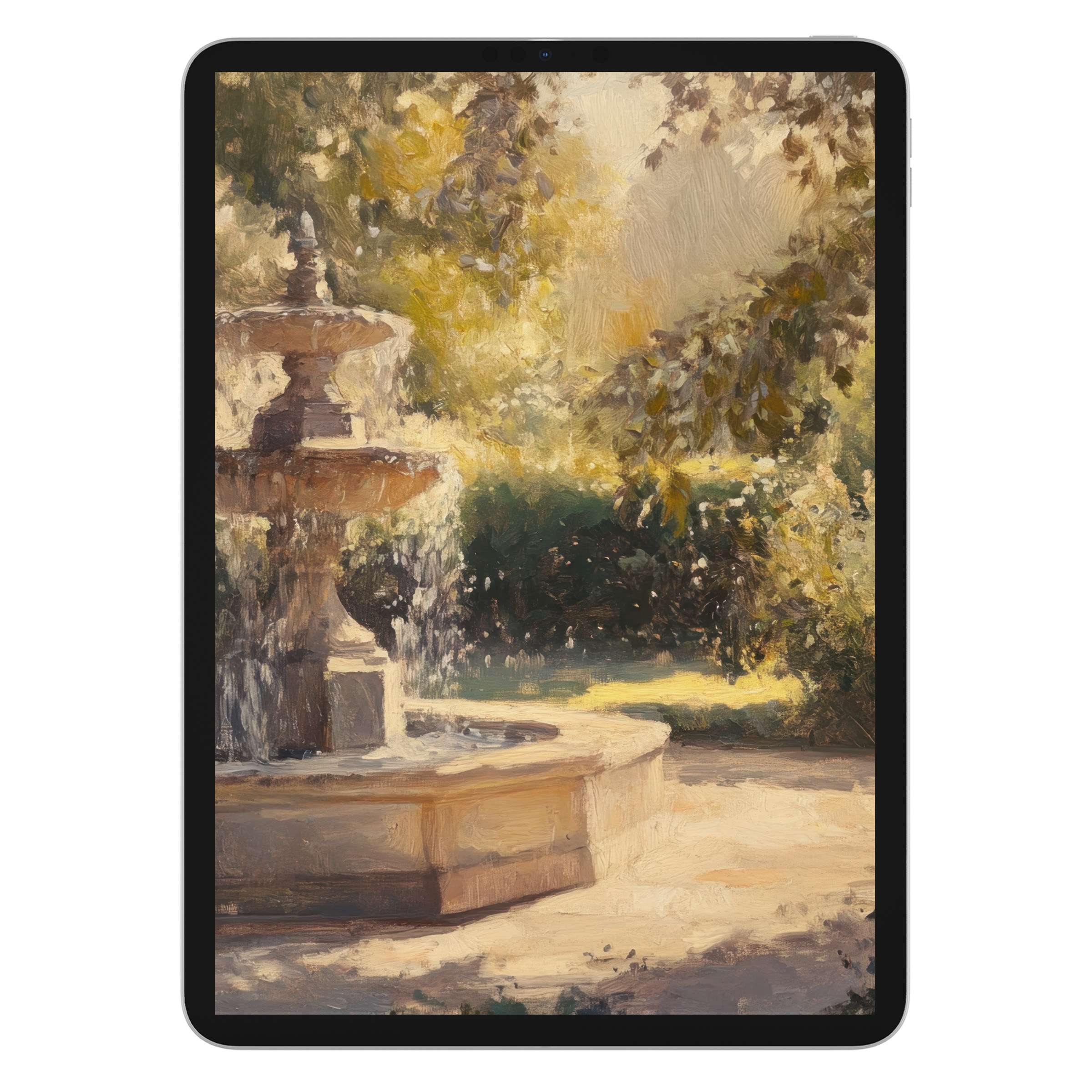 Calming vintage iPad wallpaper featuring a sunlit garden with a classic fountain, perfect as a tablet background digital download