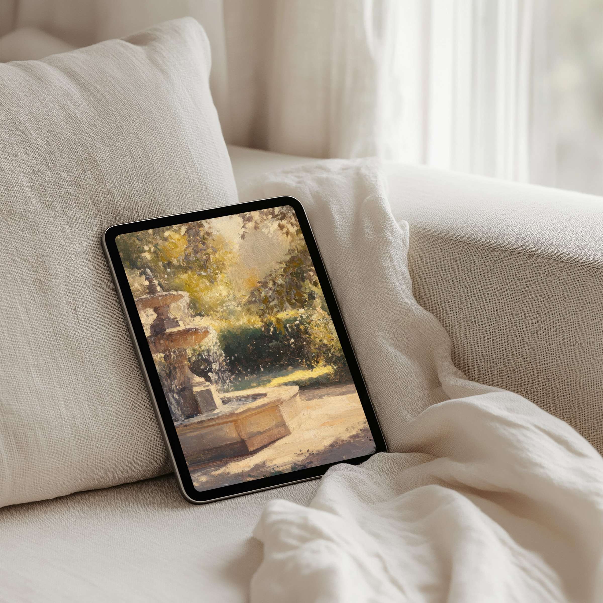 Elegant iPad background showcasing a serene garden scene for instant download calming and inspiring for any tablet ambiance
