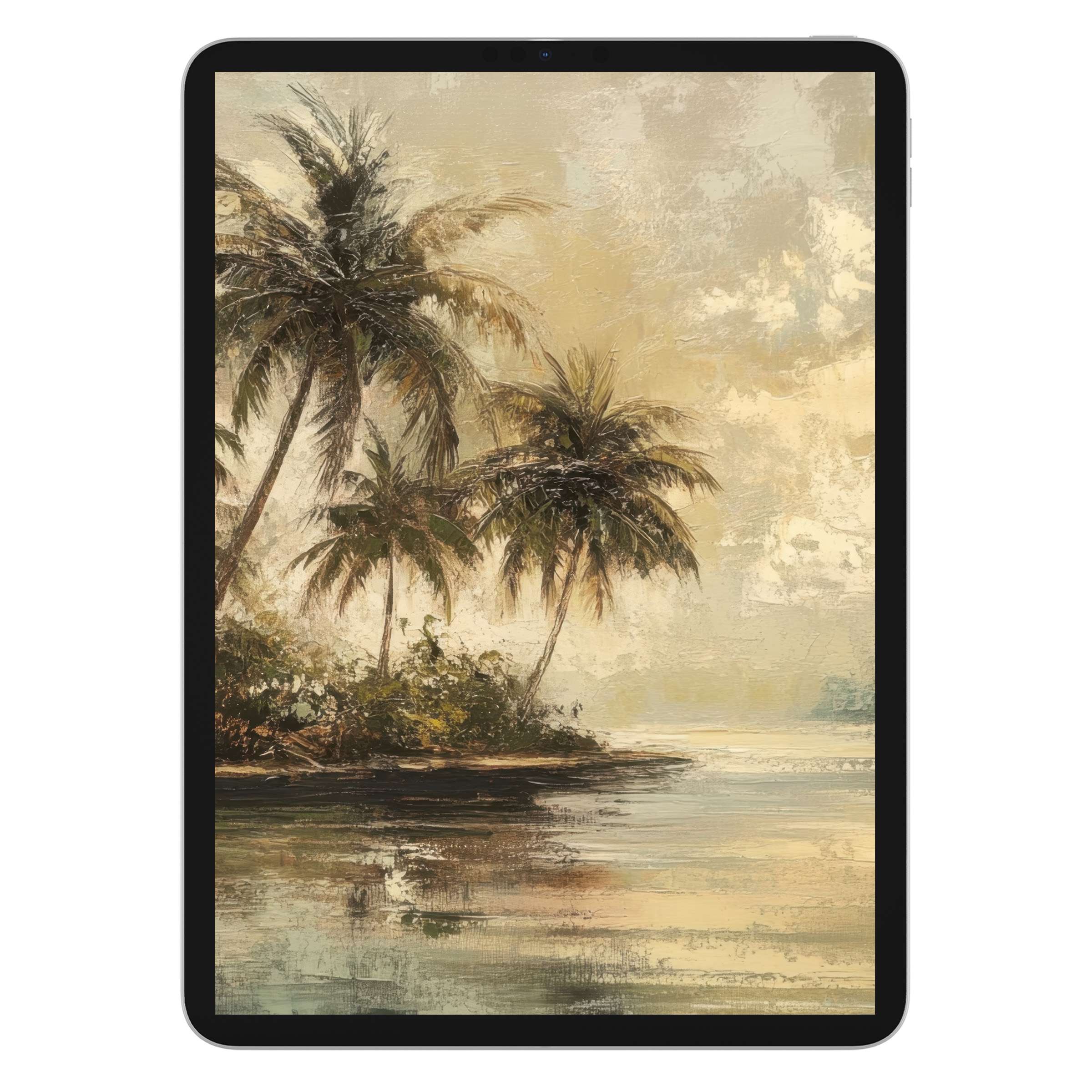 Tranquil vintage iPad wallpaper with serene palm trees reflecting in water, ideal digital download for tablet backgrounds