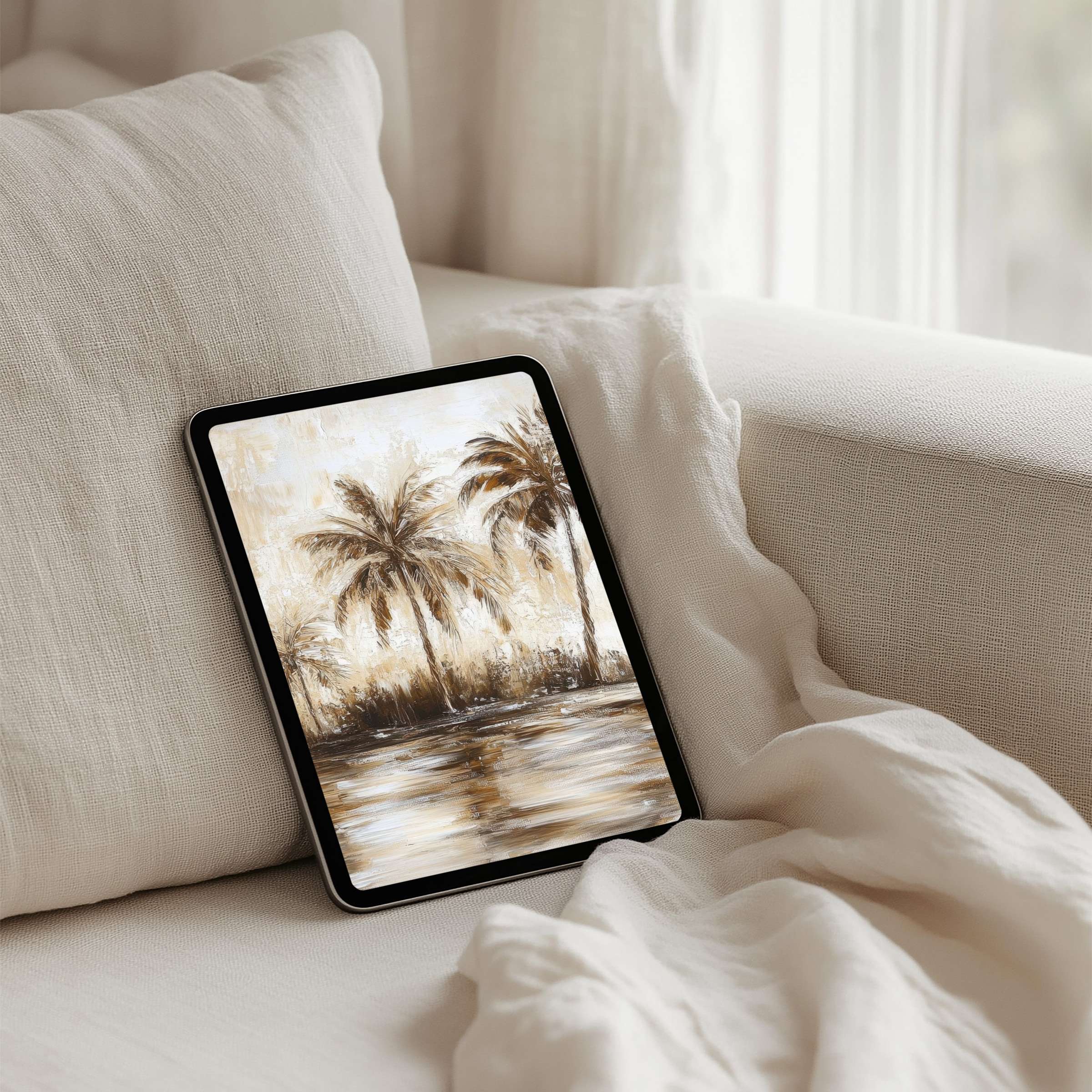 Elegant palm tree painting iPad background offers instant download for tablets bringing calm and inspiration to your space