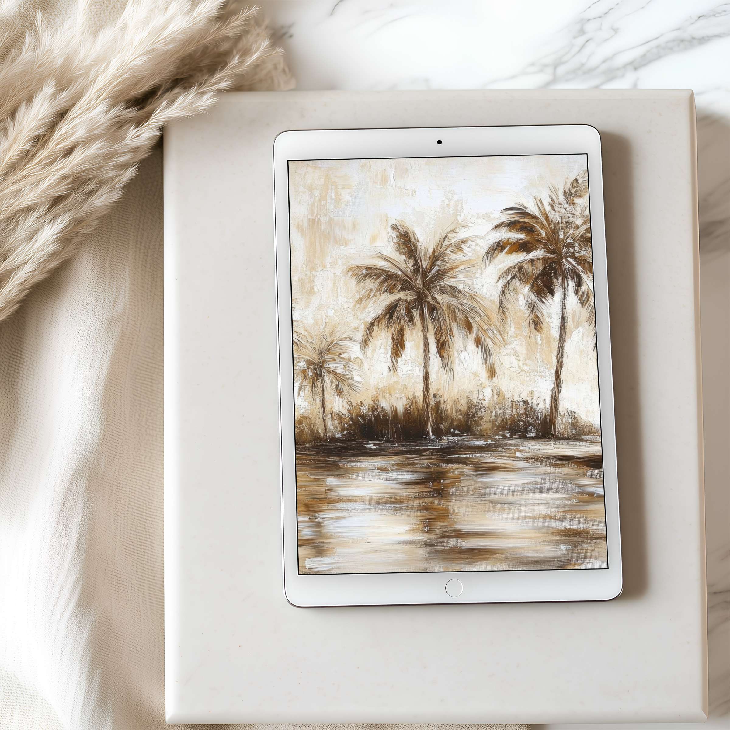Elegant palm trees in a beige watercolor style elevate this tablet wallpaper, perfect for iPad, offering high resolution tranquility