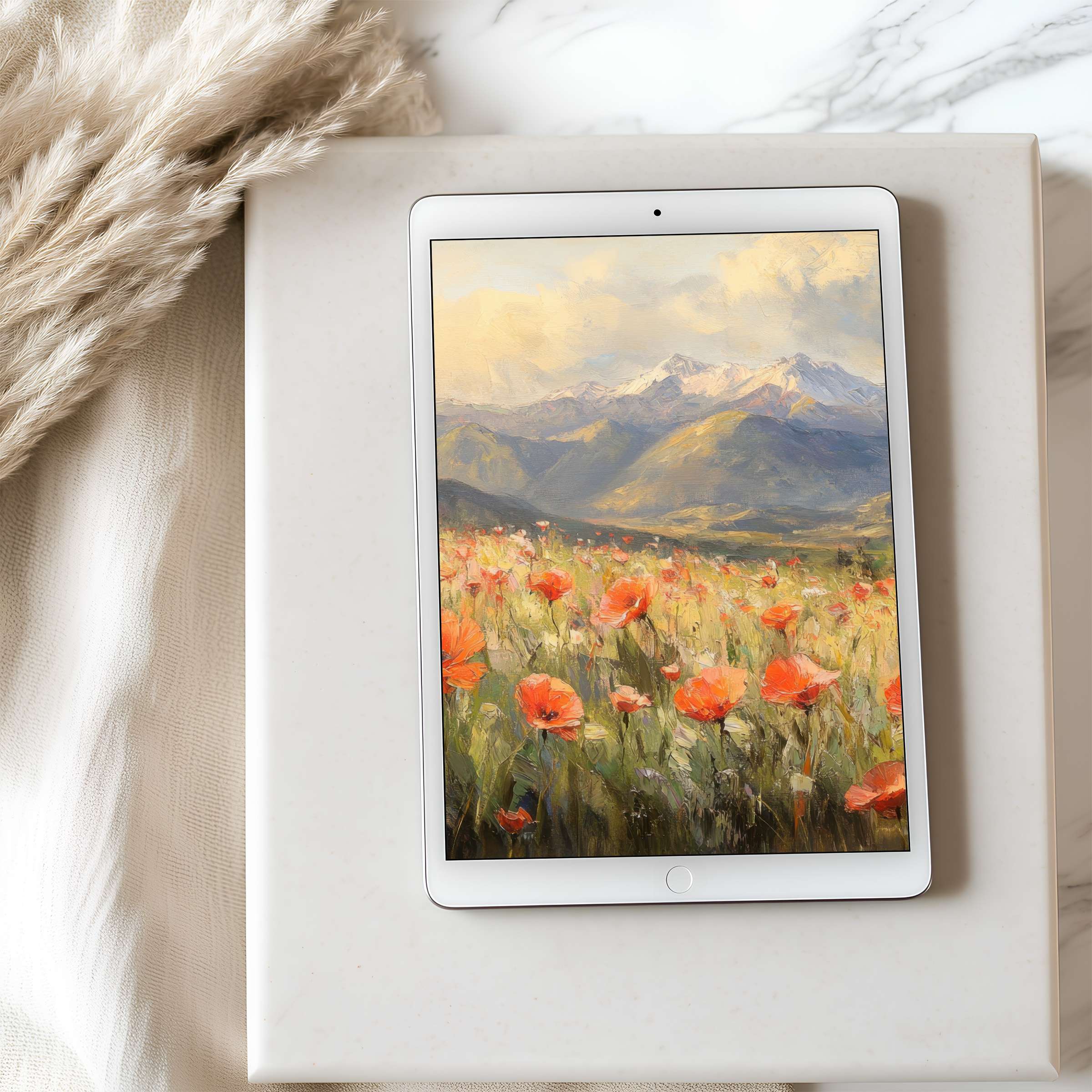 Elegant tablet wallpaper featuring a vivid poppy field and mountains, perfect for high resolution iPad and Android tablets, digital download