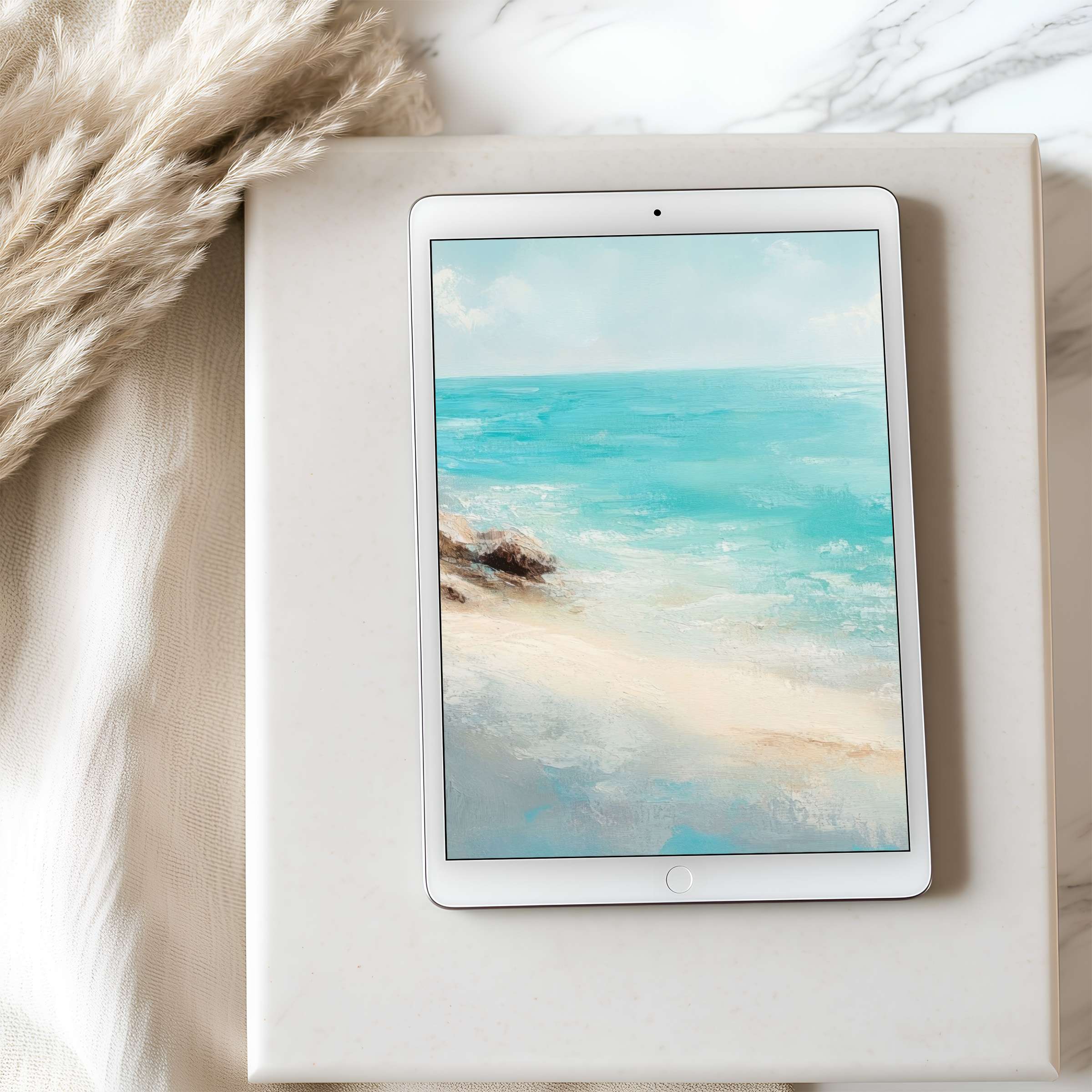 Serene coastal art in high resolution tablet wallpaper brings calm elegance to any iPad or Android, ideal for digital download