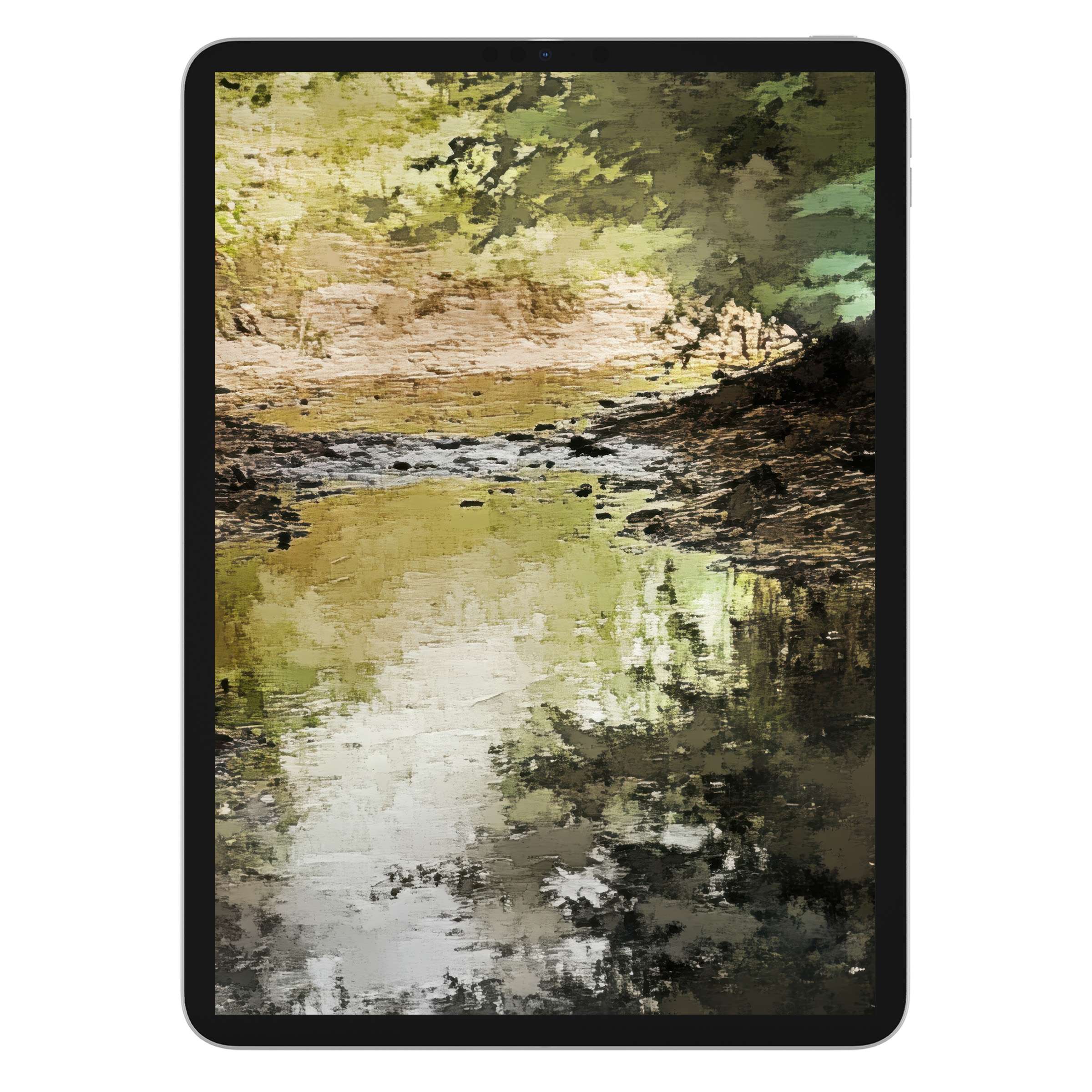 Vintage iPad wallpaper featuring a serene, watercolor forest stream—ideal background for tablets, available as a digital download