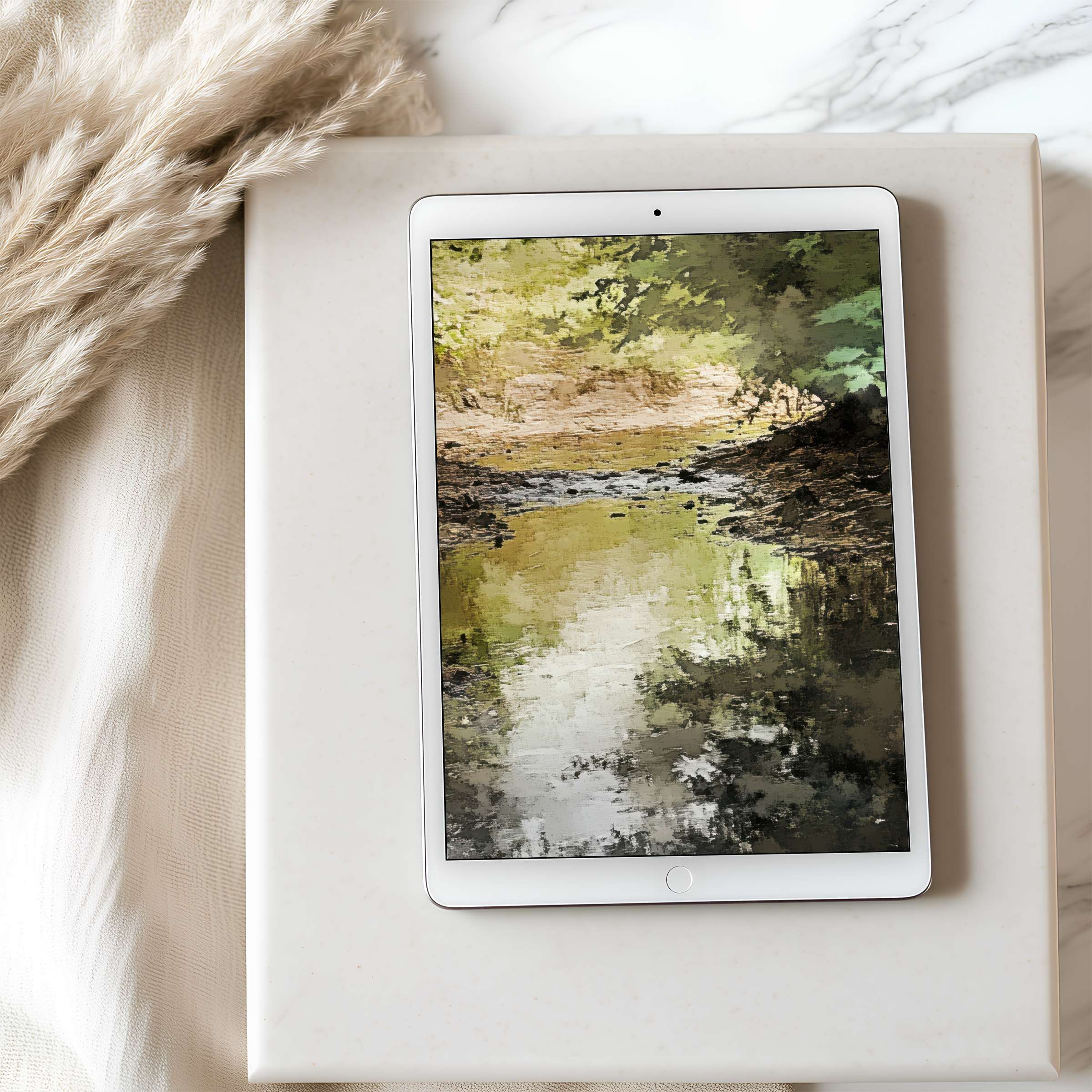 Elegant tablet wallpaper showcasing a serene woodland stream in soft greens and browns ideal for high resolution iPad digital download