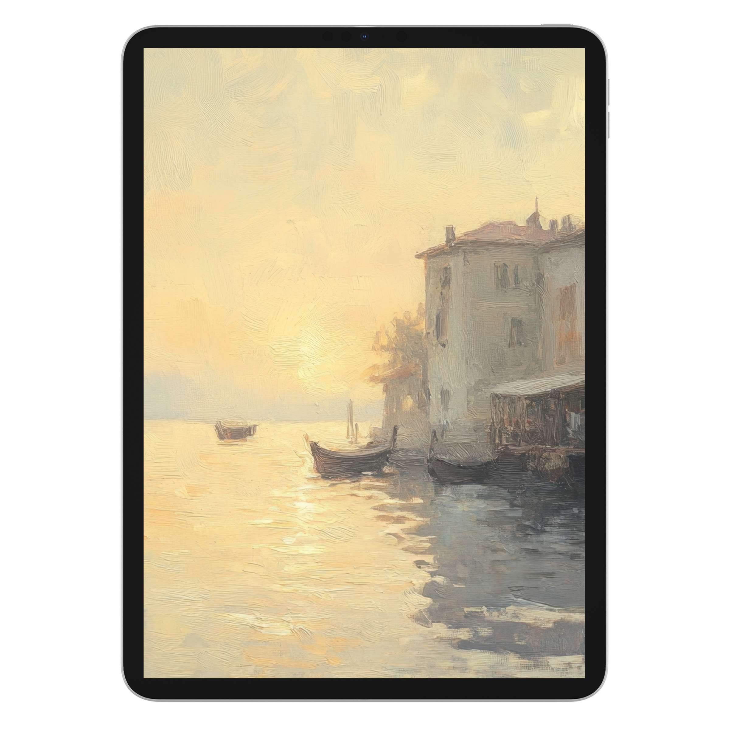 Vintage iPad wallpaper featuring serene watercolor sunset and boats, perfect tablet background for elegant digital download use