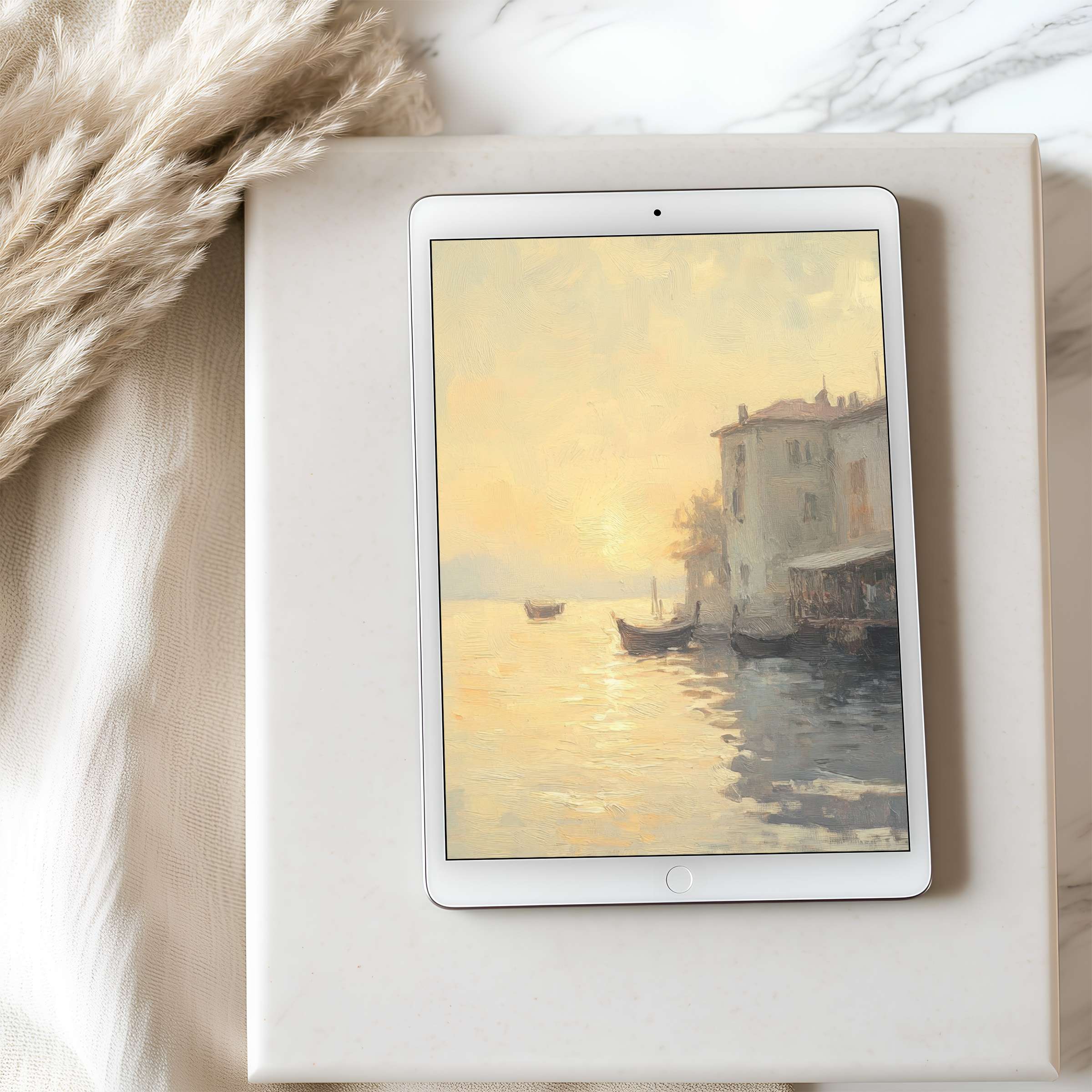 Elegant tablet wallpaper featuring serene sunset over a tranquil lake, high resolution for iPad, perfect digital download for calm spaces