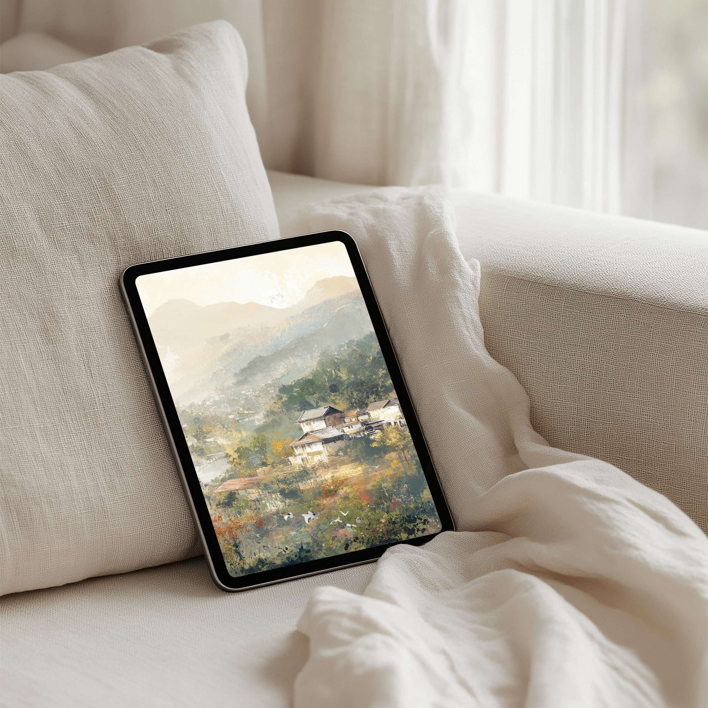 Serene watercolor landscape iPad background for instant download, inspires calm and elegance on any tablet, enhancing mindfulness