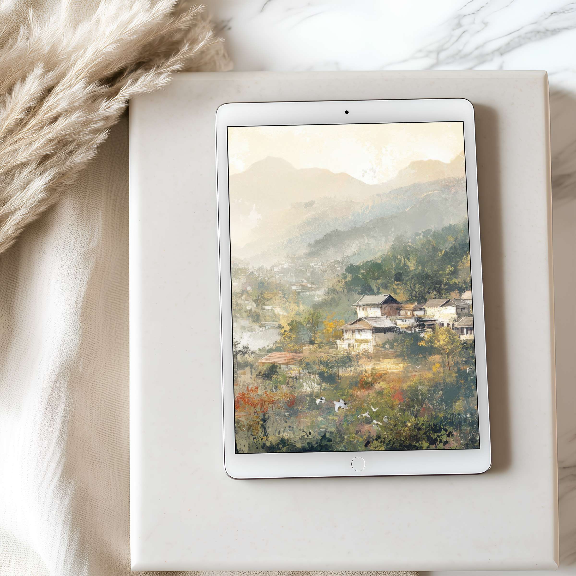 Cozy tablet wallpaper featuring serene landscape art in soft earth tones, perfect for high resolution display on iPad or Android download