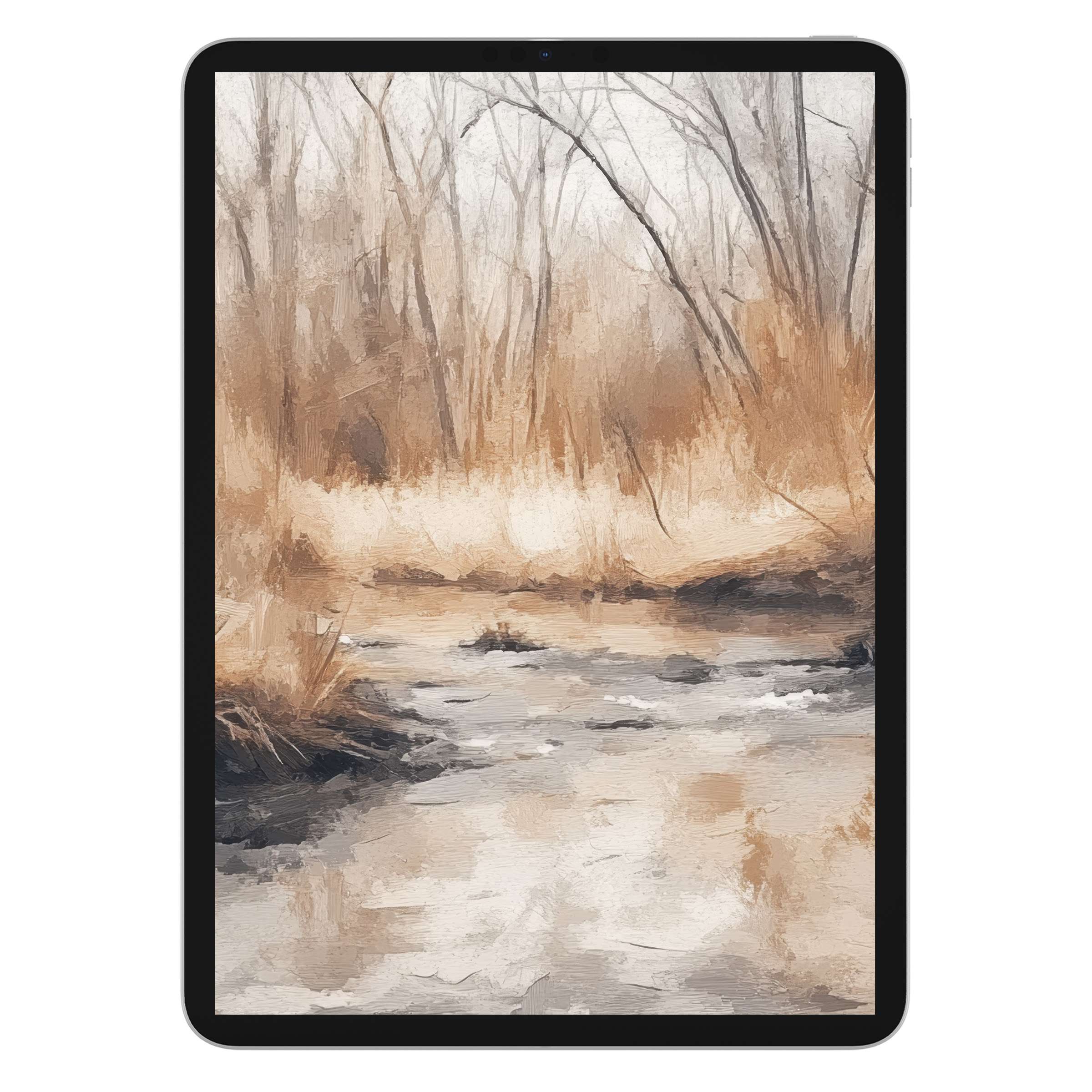 Vintage iPad wallpaper featuring a serene watercolor forest scene, perfect digital download for tablets seeking a calming background