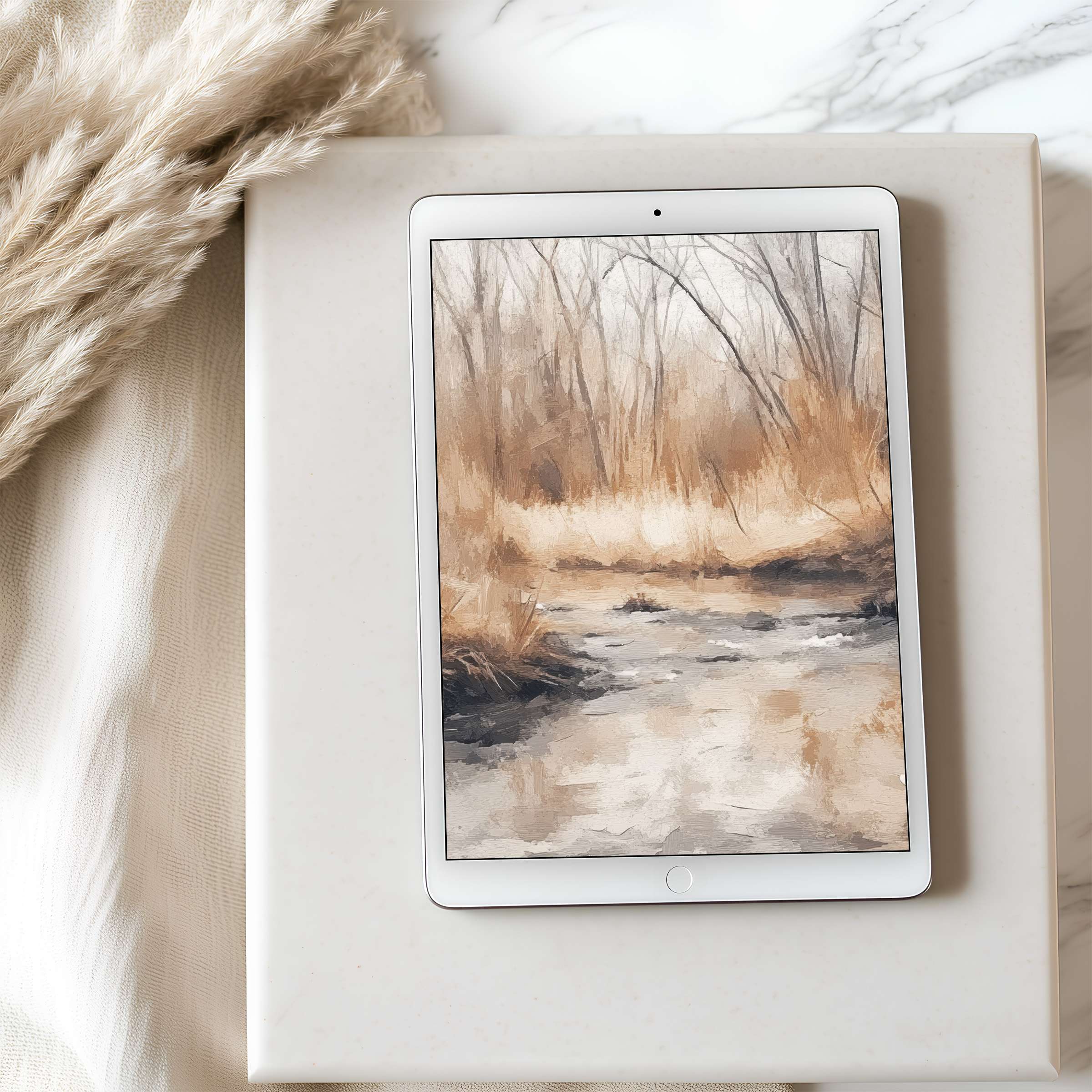 Elegant tablet wallpaper featuring serene, earthy watercolor landscape perfect for high resolution iPad and Android digital downloads