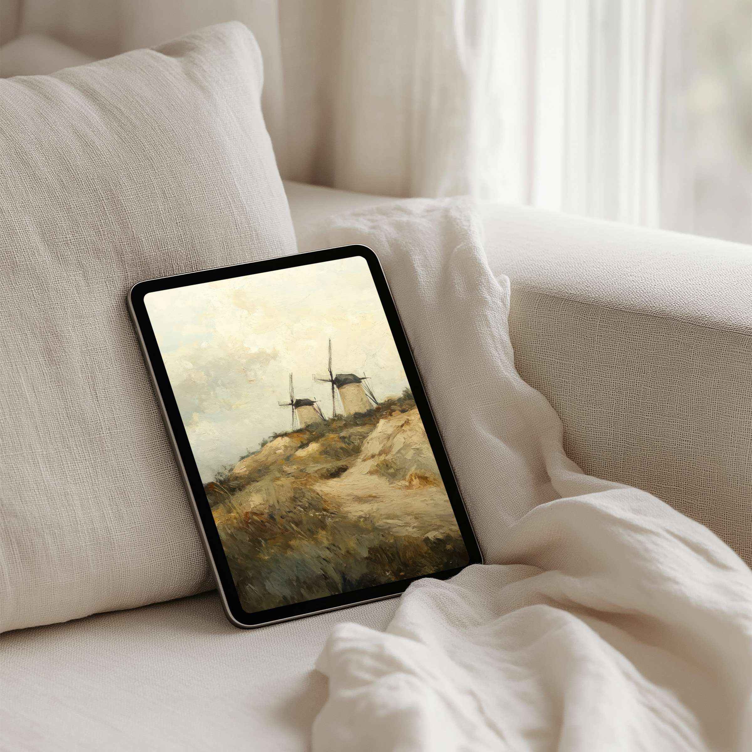 Elegant iPad background featuring serene windmills and soft textures, perfect for tablets with instant download for calm inspiration