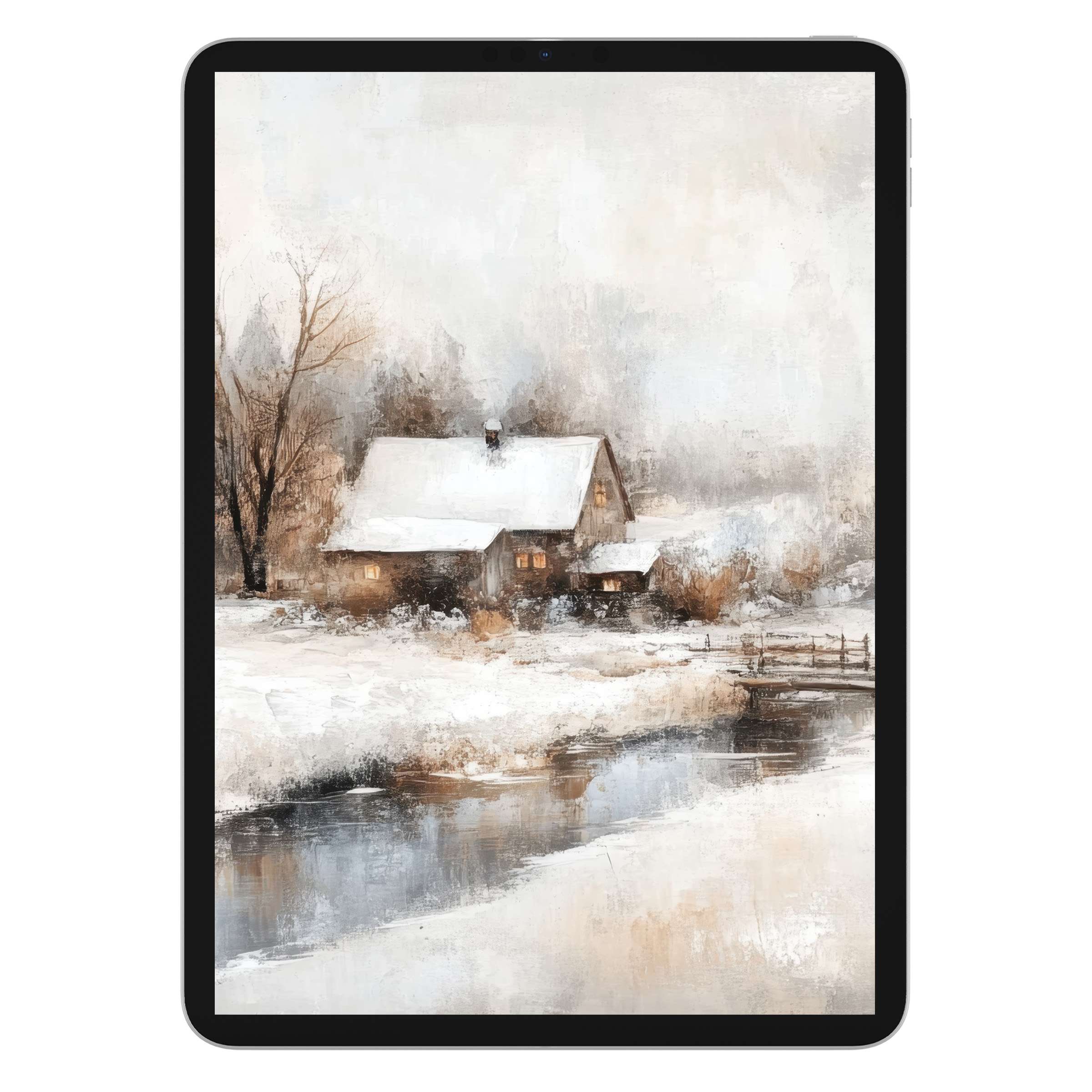 Elegant vintage iPad wallpaper portrays a serene snowy cottage scene in watercolor brushstrokes, ideal tablet background digital download