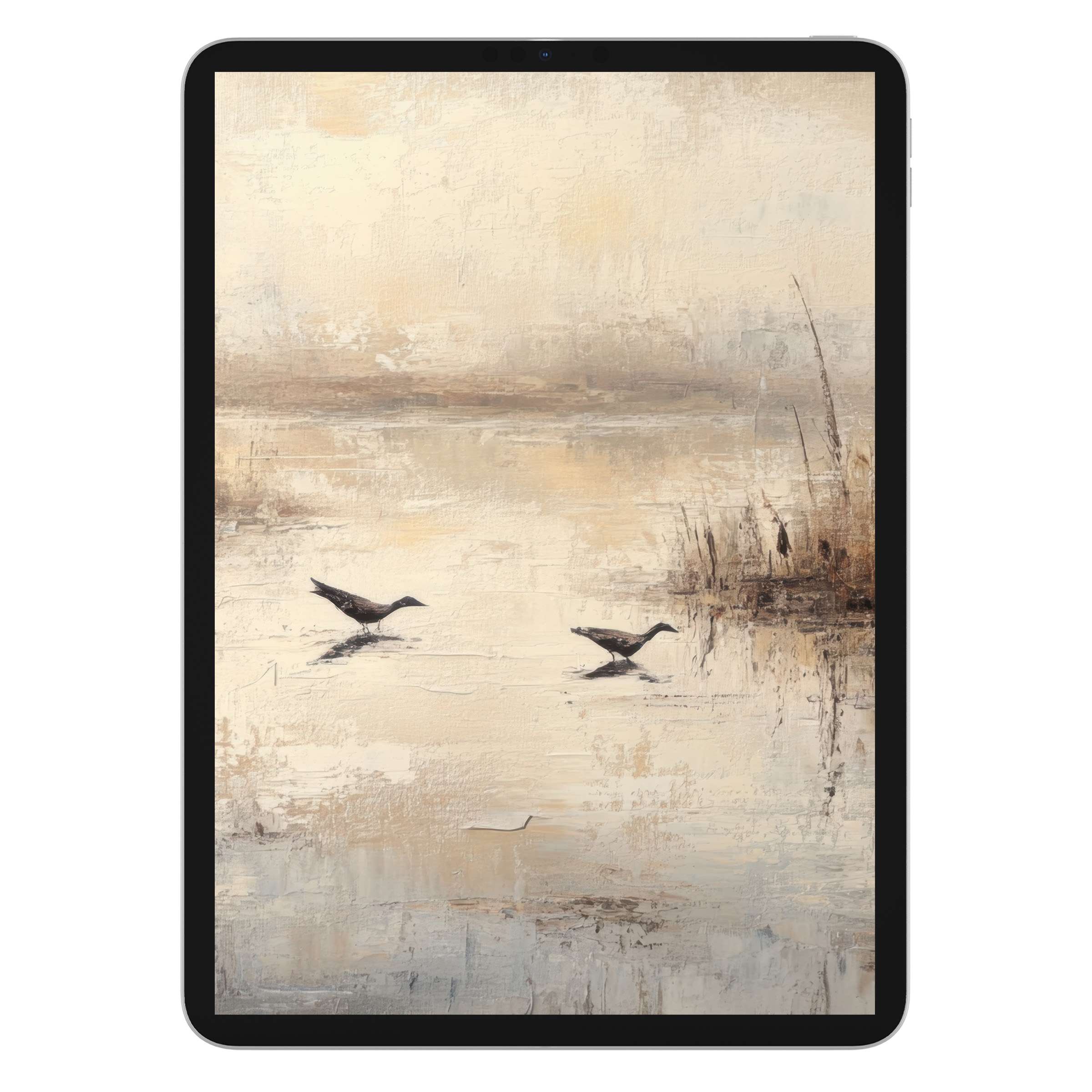 Vintage iPad wallpaper with serene water birds on a soft neutral abstract background for elegant digital download on tablets