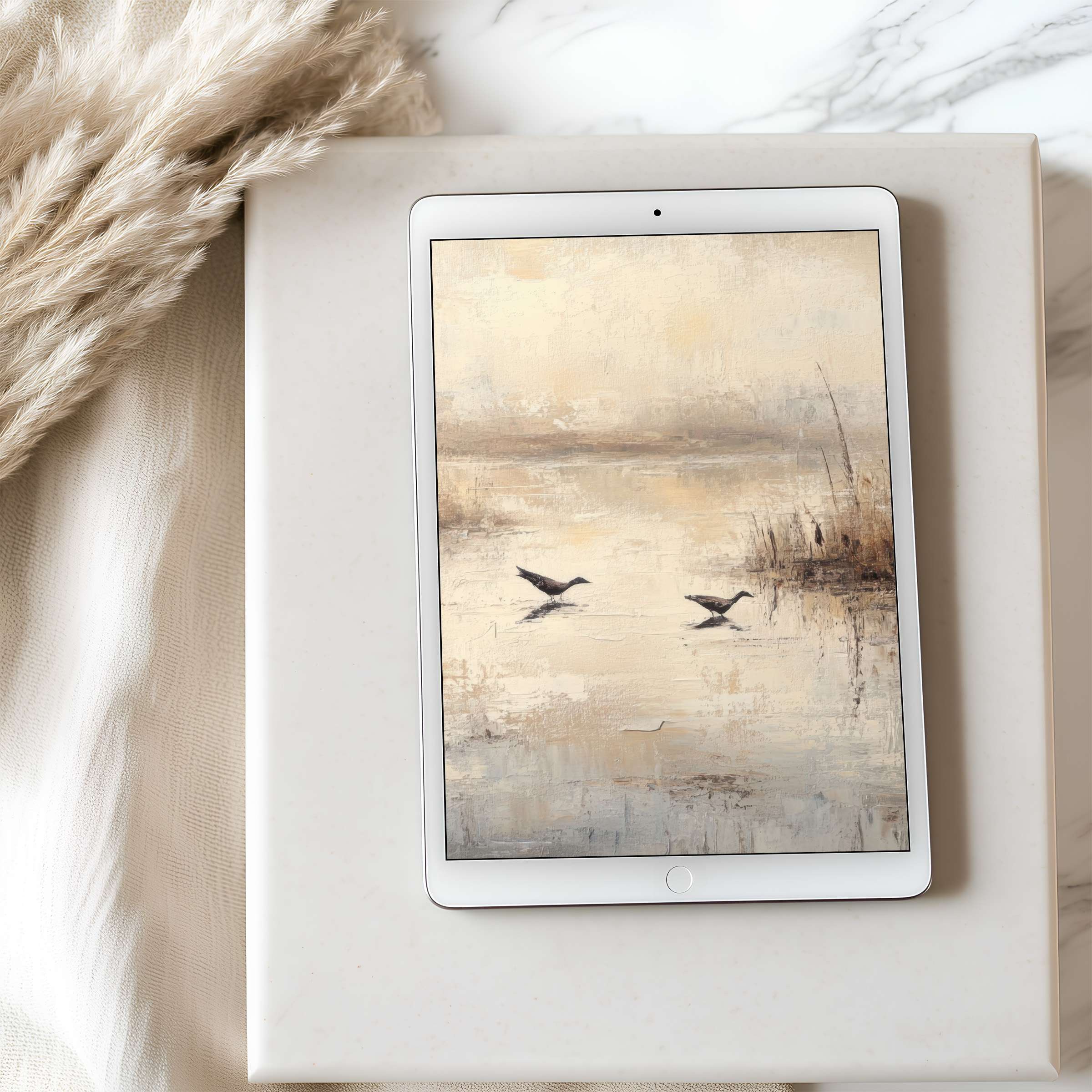 Tranquil tablet wallpaper with earthy tones, high resolution art depicting serene waterfowl scene, perfect for iPad or Android home decor download