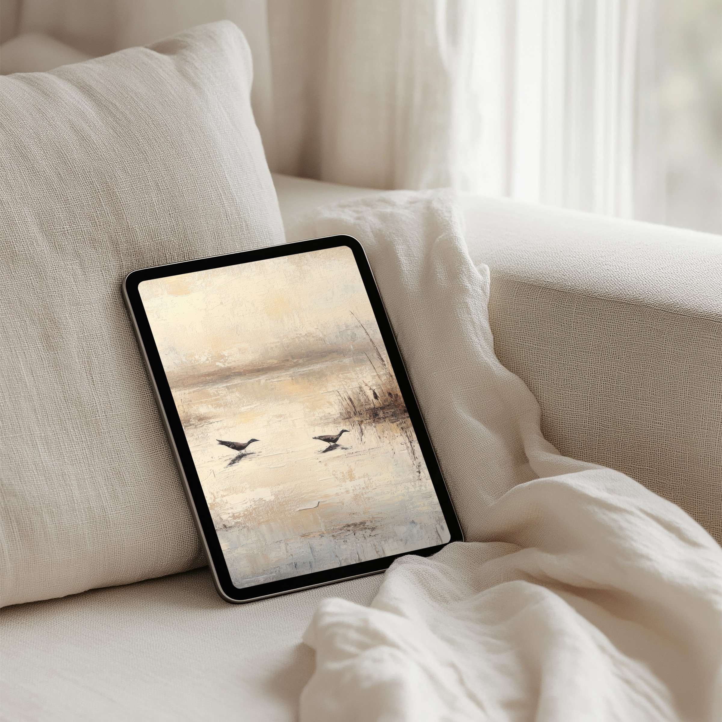 Calming abstract iPad background for instant download, featuring serene birds in flight, perfect for any tablet and mindful living