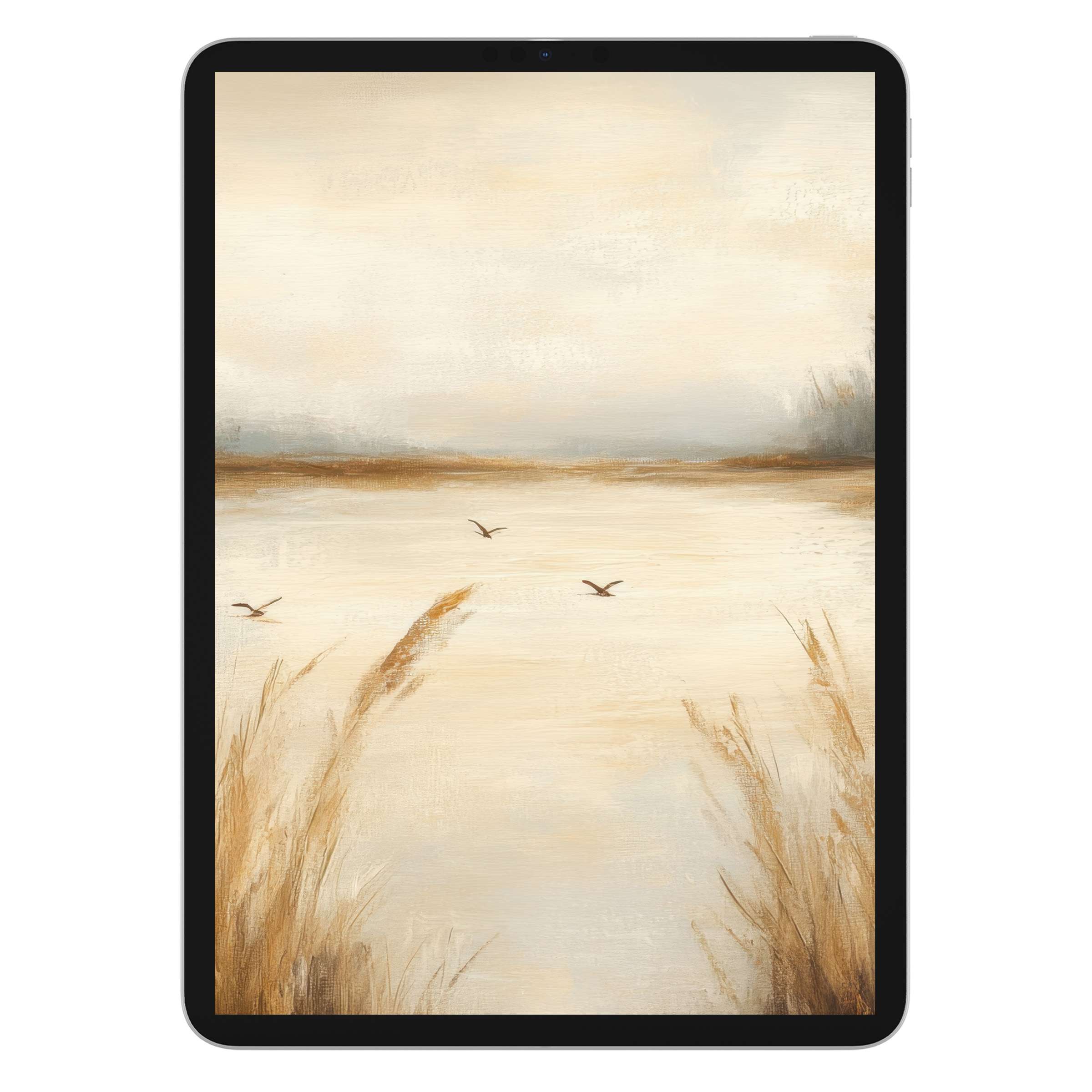 Vintage iPad wallpaper featuring a serene landscape with soft beige tones and flying birds perfect as a tablet background digital download