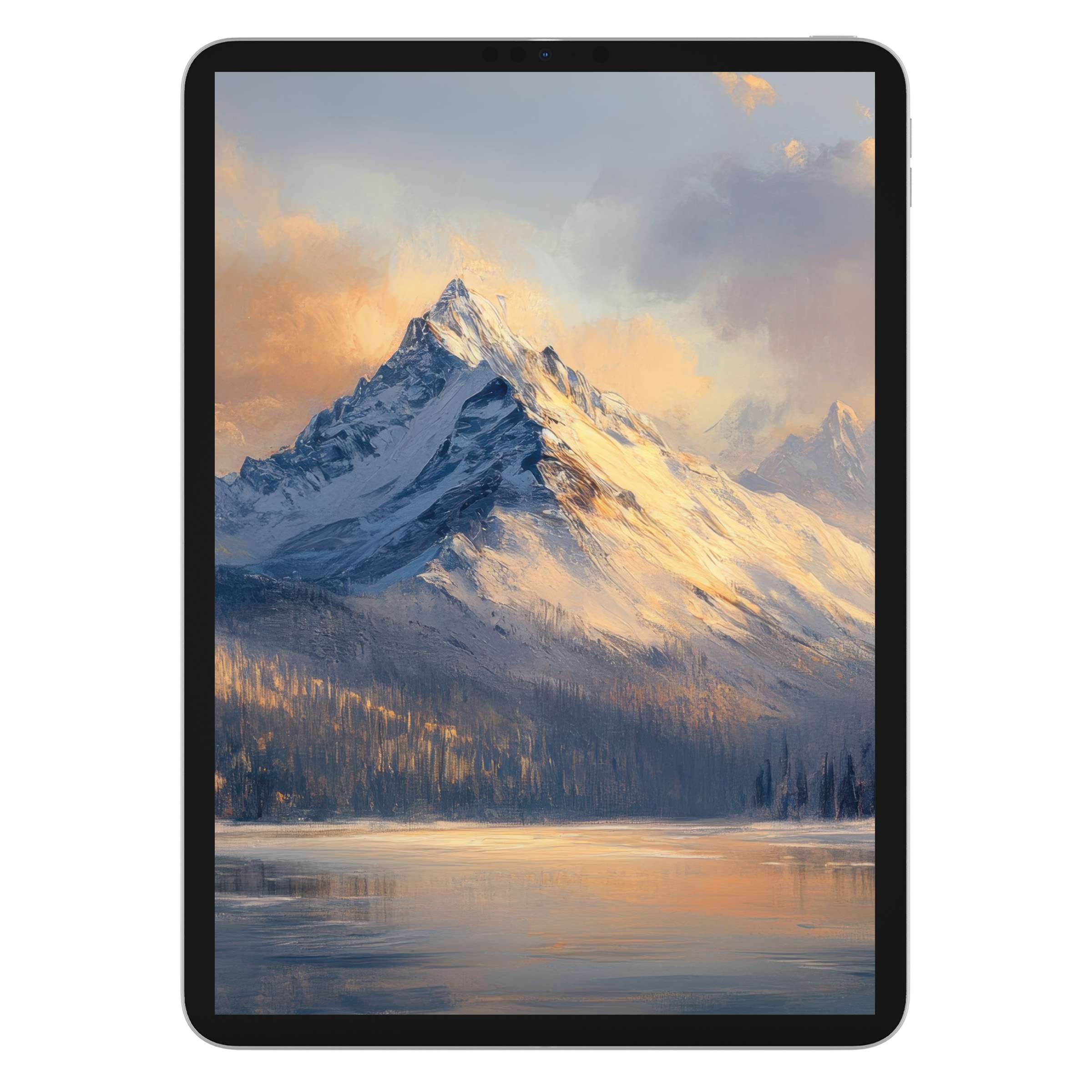 Elegant vintage iPad wallpaper digital download features serene mountain landscape painting for tablet background enhancing tranquility