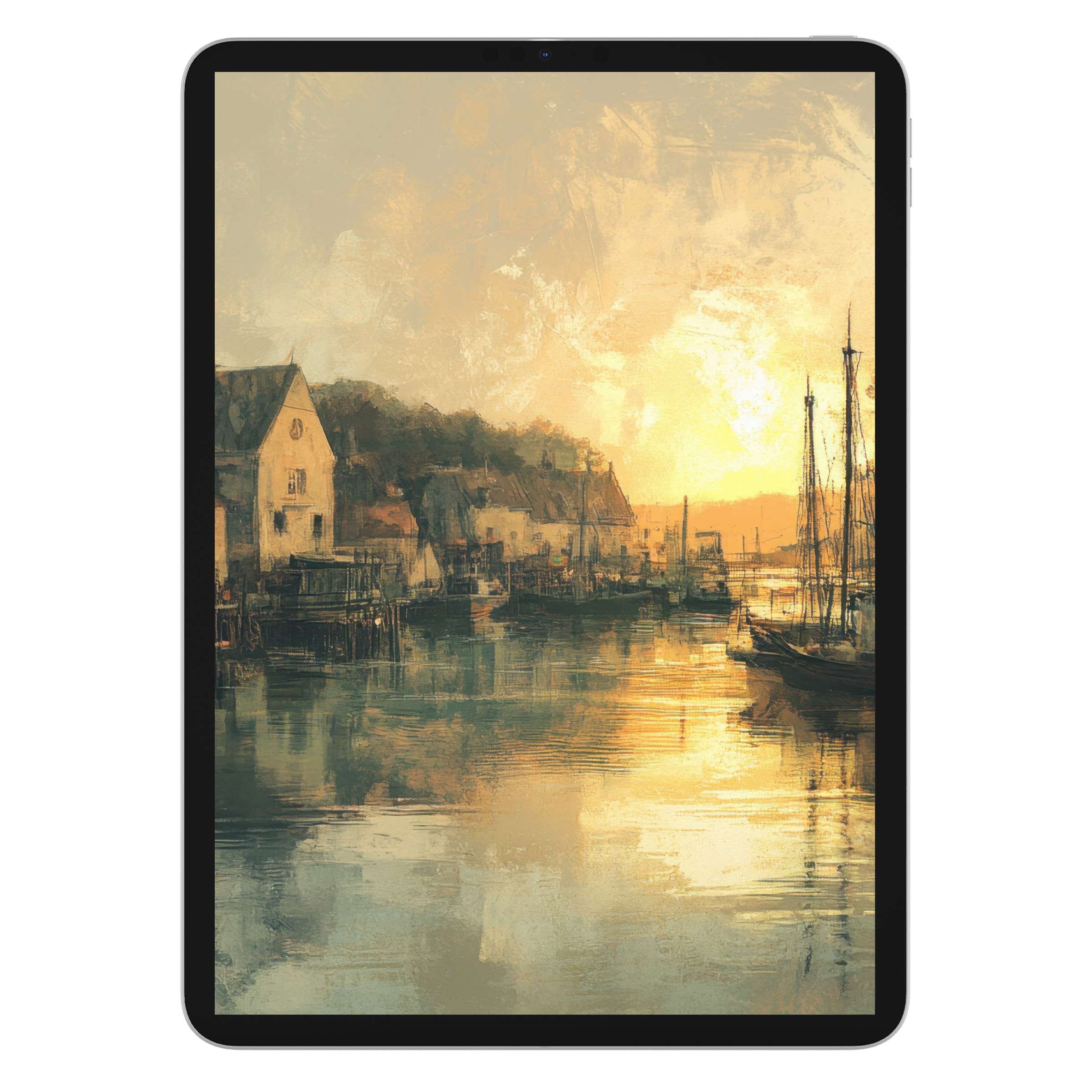 Vintage iPad wallpaper digital download, serene seaside painting with sunset glow, ideal tablet background for calming aesthetics