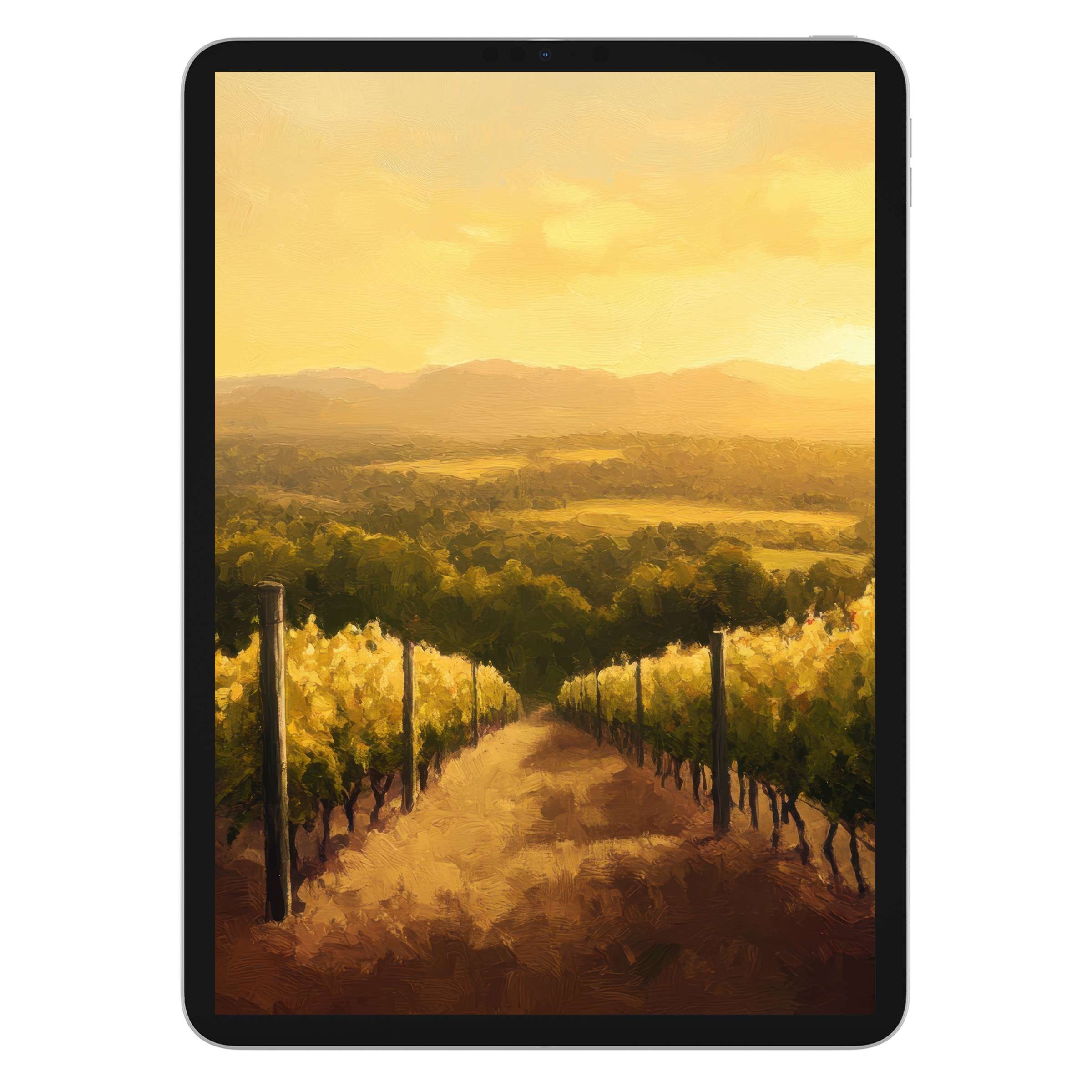Vintage iPad wallpaper featuring a serene vineyard at sunset, offering an inspiring digital download for an elegant tablet background