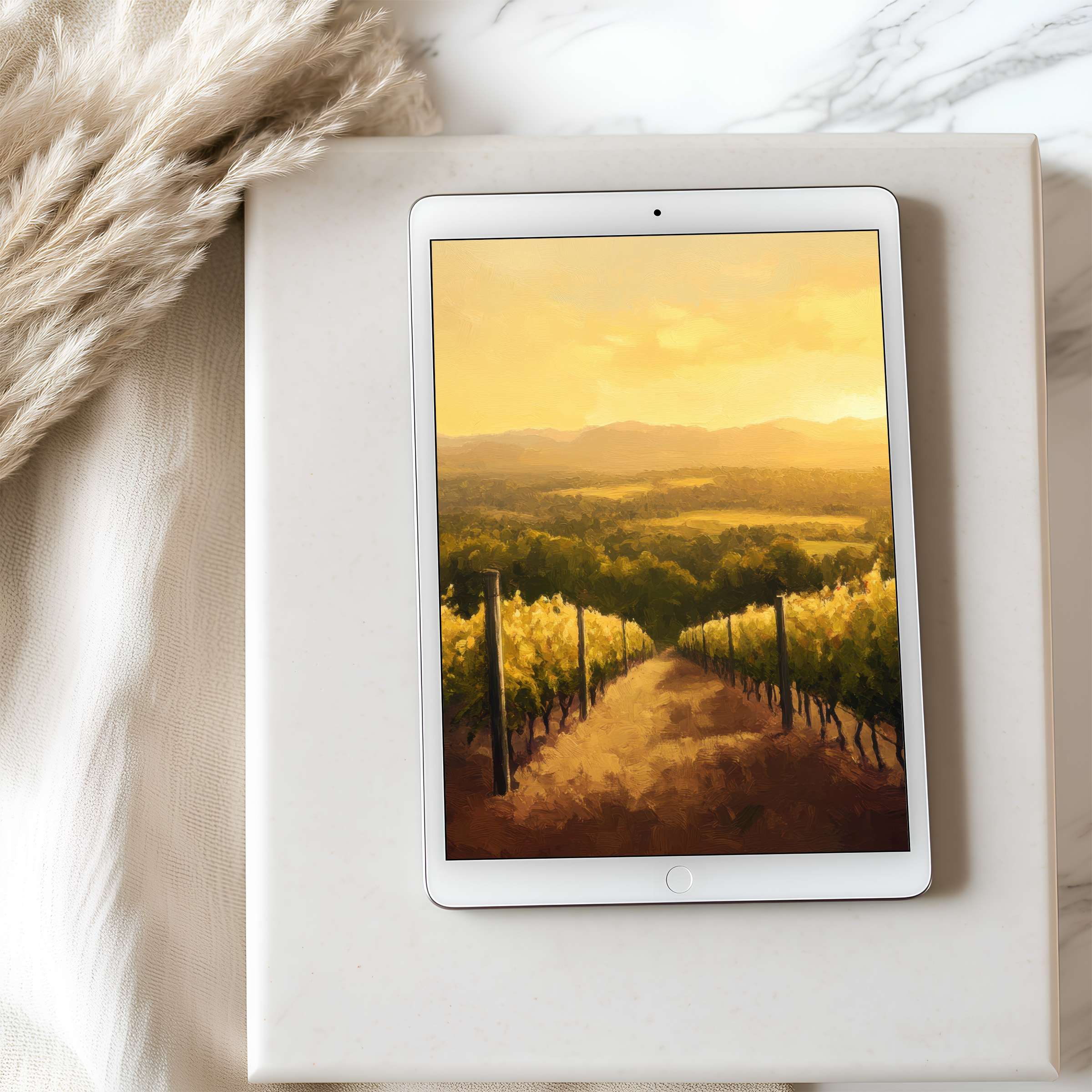 Elegant vineyard-inspired tablet wallpaper in warm earth tones on an iPad, evoking tranquility and sustainability, ideal for digital download