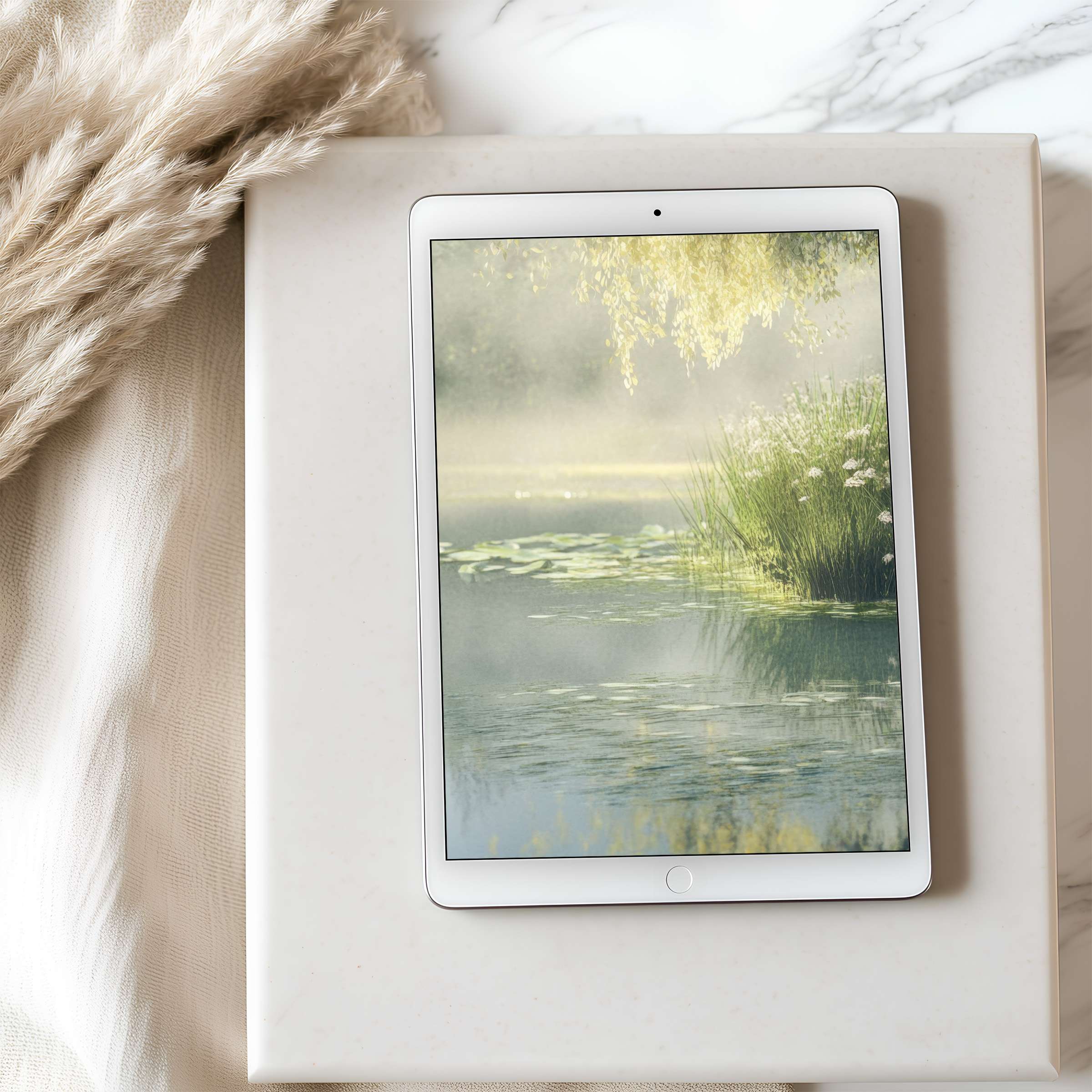 A serene nature-inspired tablet wallpaper in high resolution, featuring soft greenery and water, perfect for iPad or Android tablets, digital download