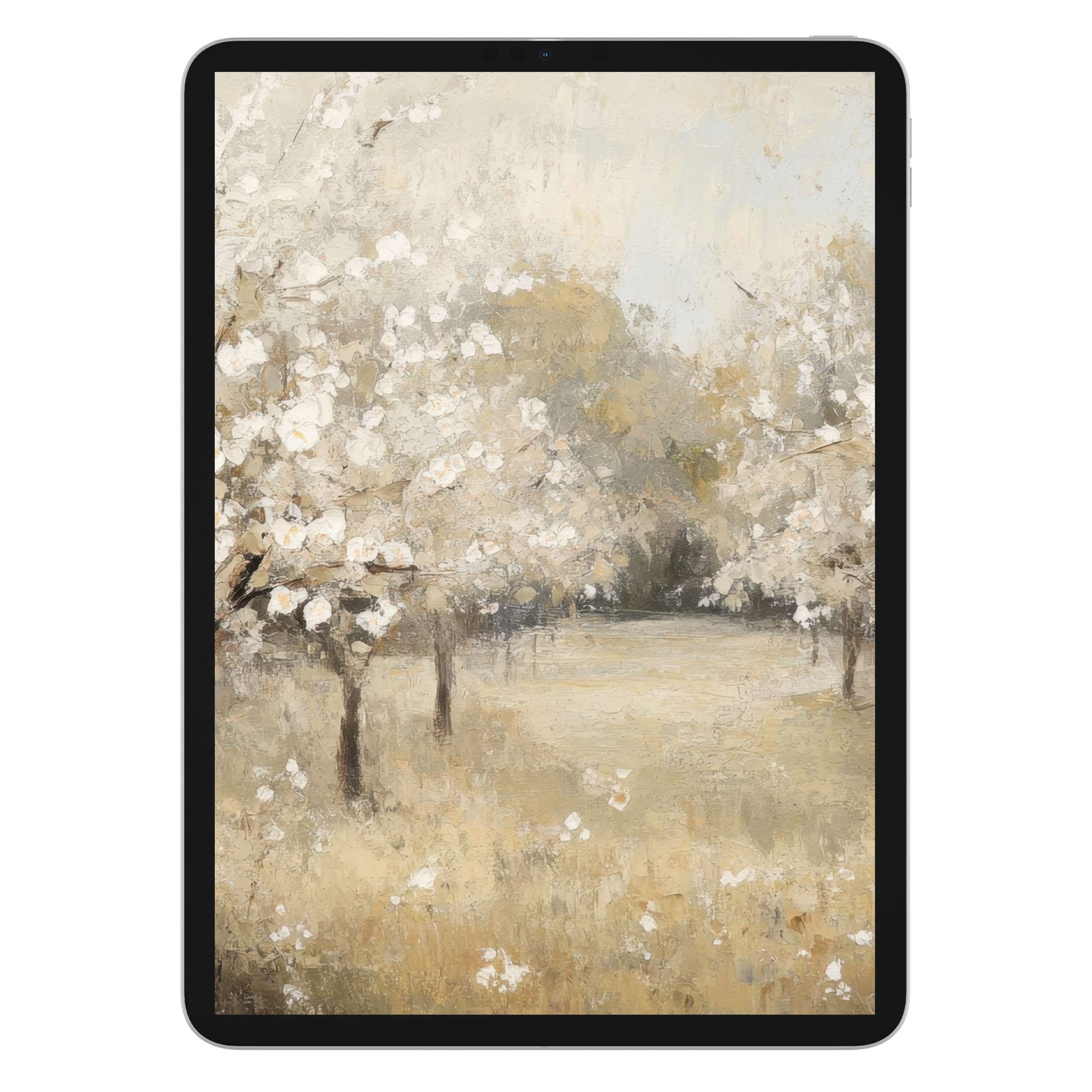 Elegant vintage iPad wallpaper with textured trees in soft neutrals creates a tranquil tablet background for digital download users