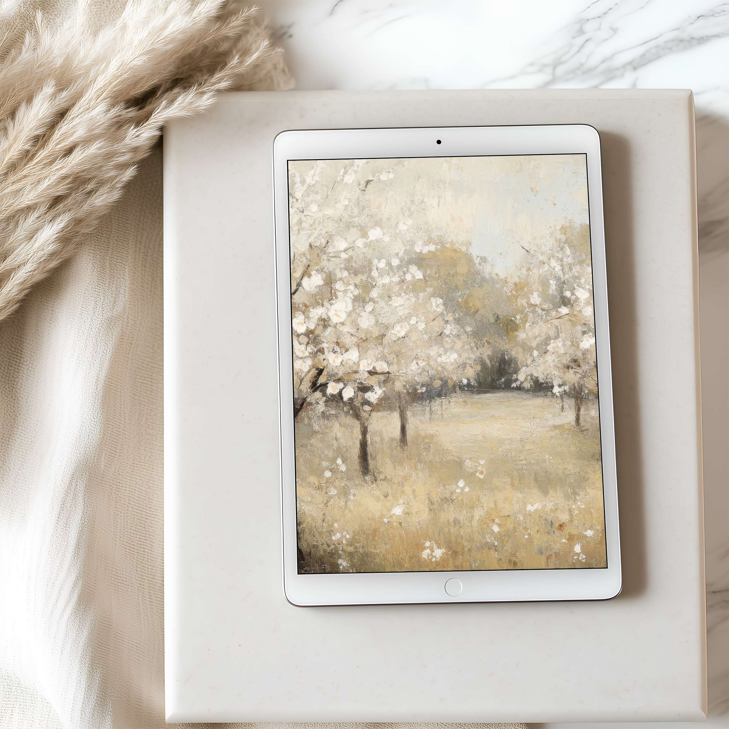 Elegant tablet wallpaper featuring serene blooming trees in soft pastels, perfect for iPad or Android tablets, available for digital download