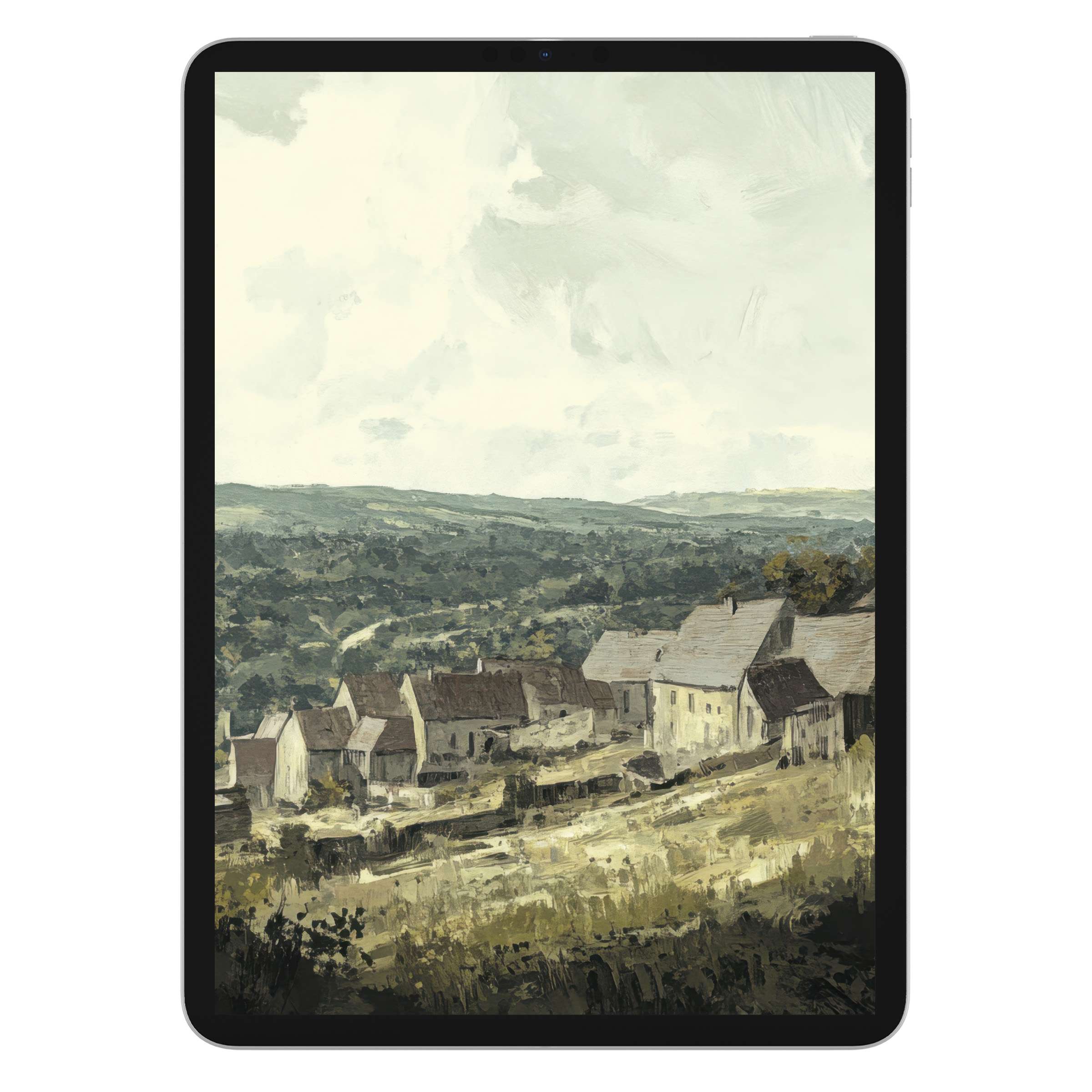 Vintage iPad wallpaper with serene village landscape; perfect digital download for tablet background, enhancing tranquility and style
