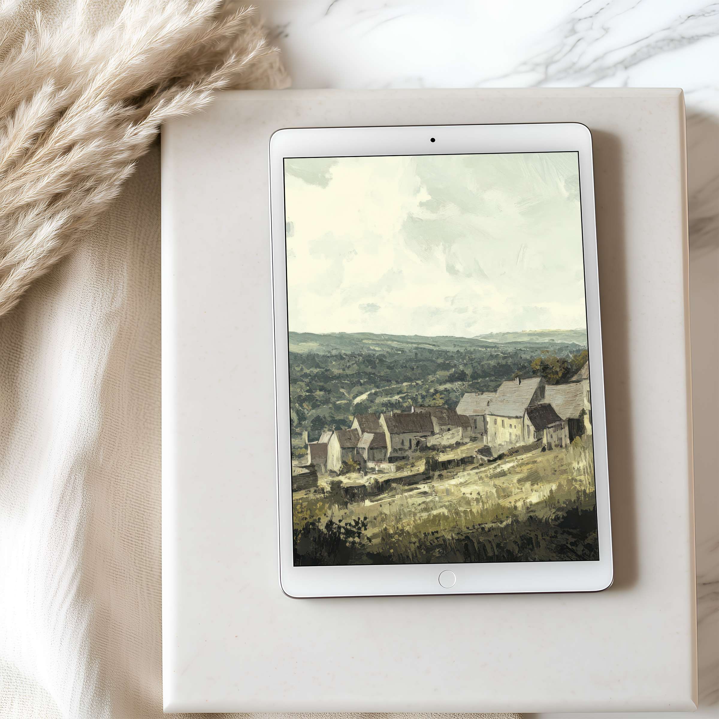 Elegant digital tablet wallpaper featuring serene countryside landscape art in high resolution suitable for iPad and Android download