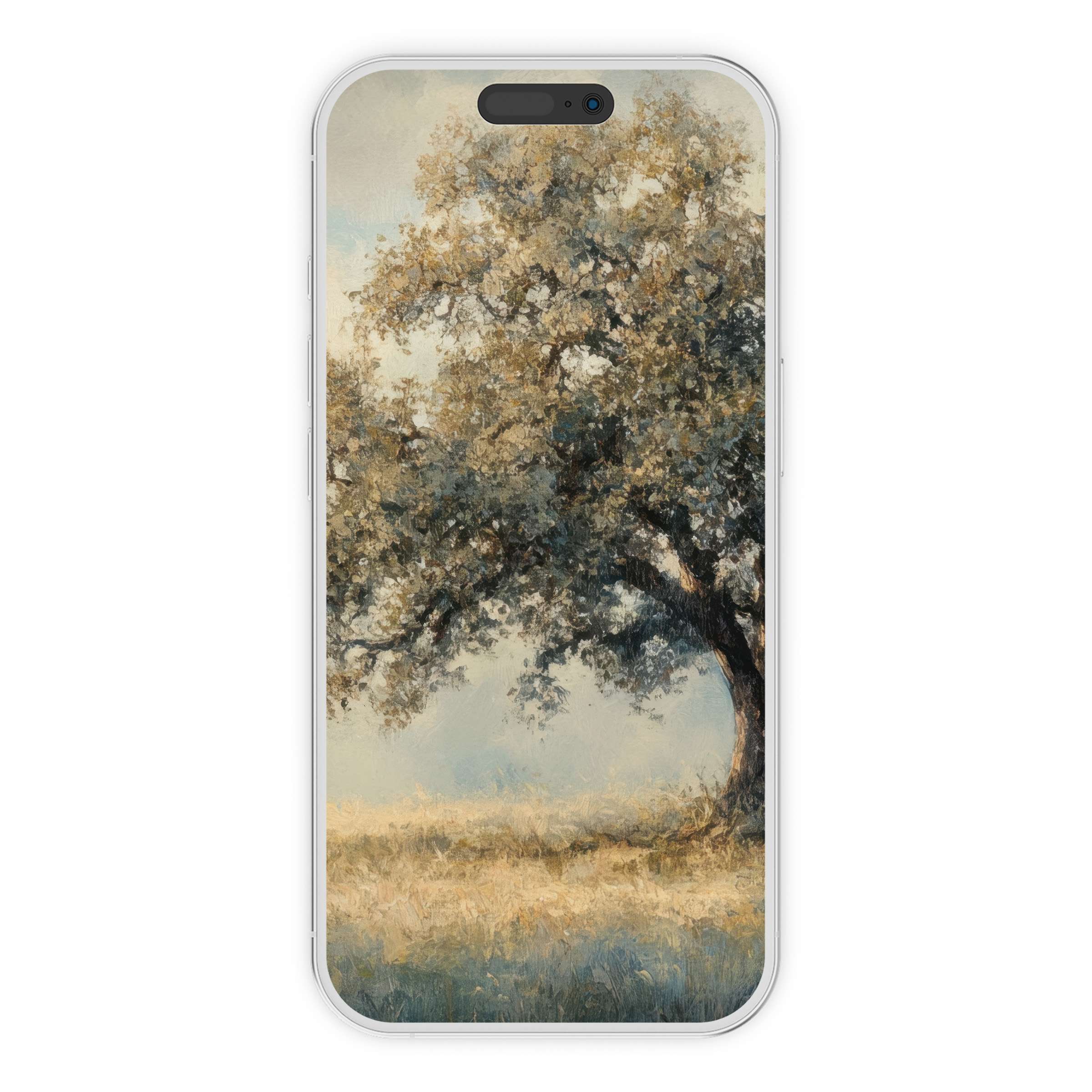 Calm vintage iPhone wallpaper showcasing a serene tree scene, perfect phone background for a sustainable digital download on iPhone and Android