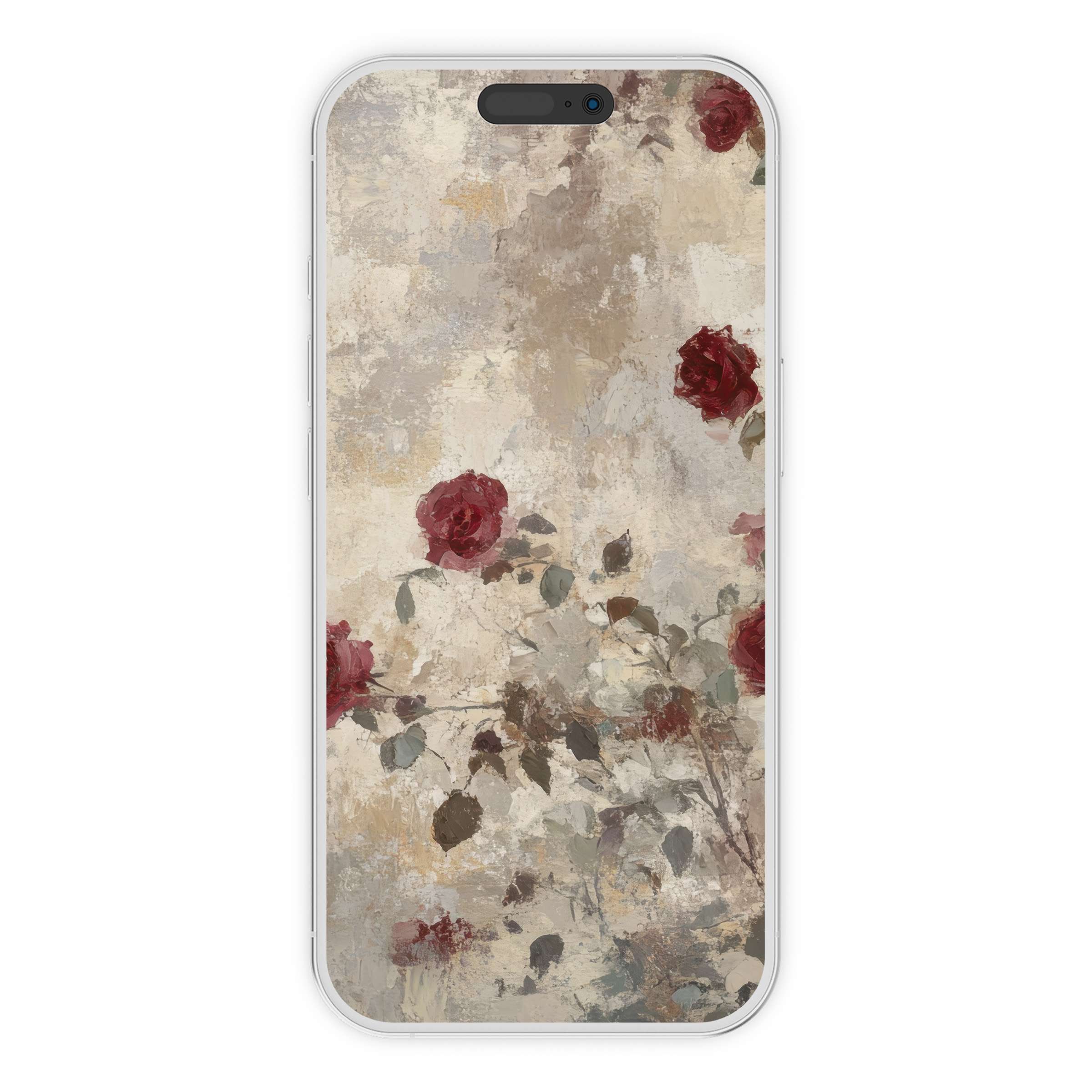 Vintage iPhone wallpaper featuring elegant red roses on a textured beige phone background, perfect for digital download on iPhone and Android