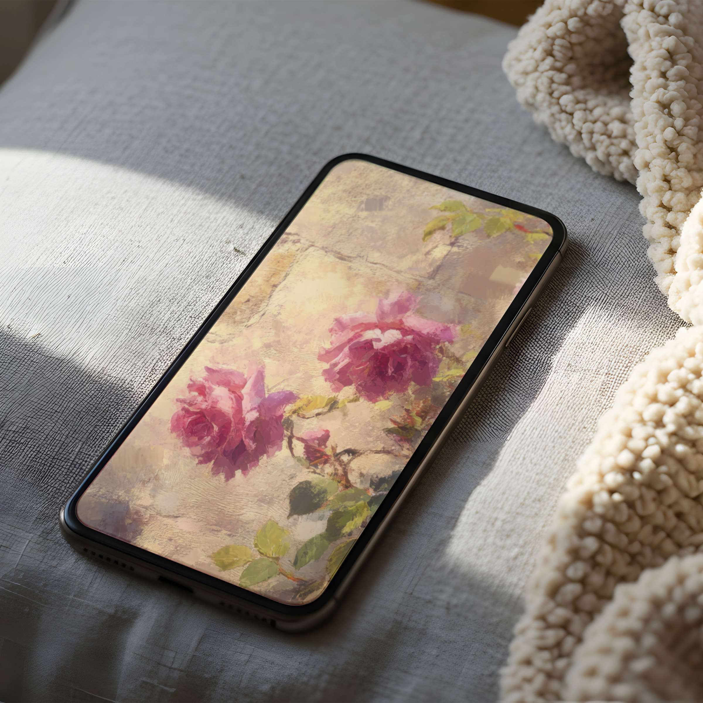 Elegant floral phone wallpaper with pink roses and a textured background, perfect for iPhone and android high-resolution digital download