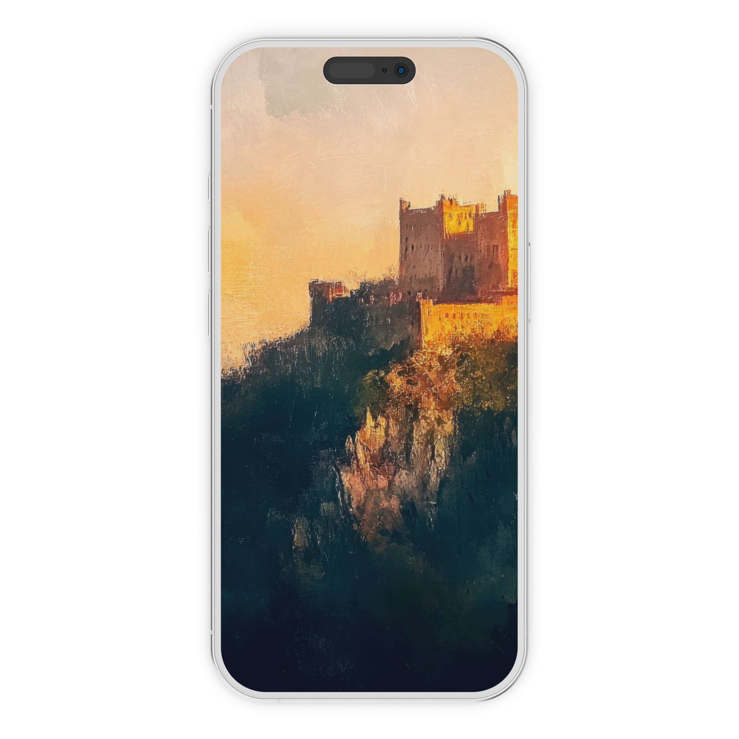 Vintage iPhone wallpaper featuring a serene castle at sunset in an impressionistic style for an elegant phone background digital download