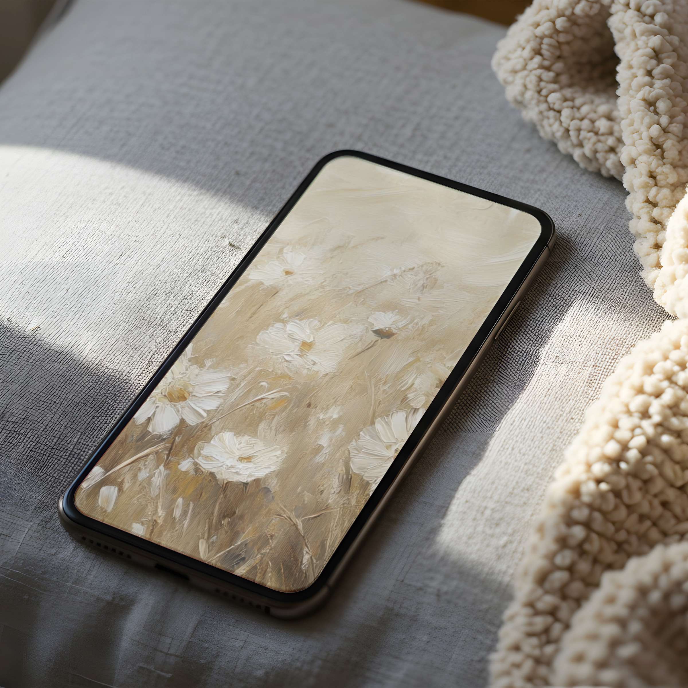 Elegant phone wallpaper depicting soft white flowers on a beige canvas in high resolution, perfect for iPhone and Android downloads
