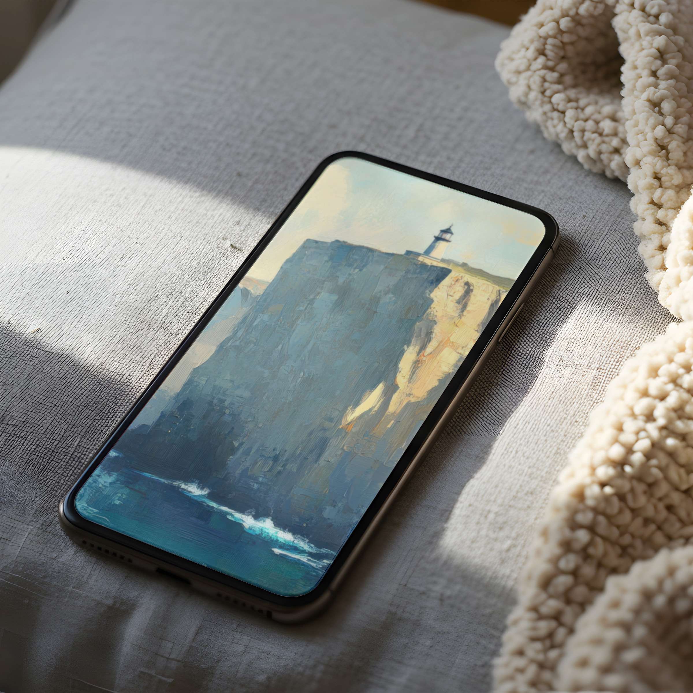 Calming seascape phone wallpaper featuring a lighthouse on cliffs, perfect for iPhone or Android, high resolution digital download